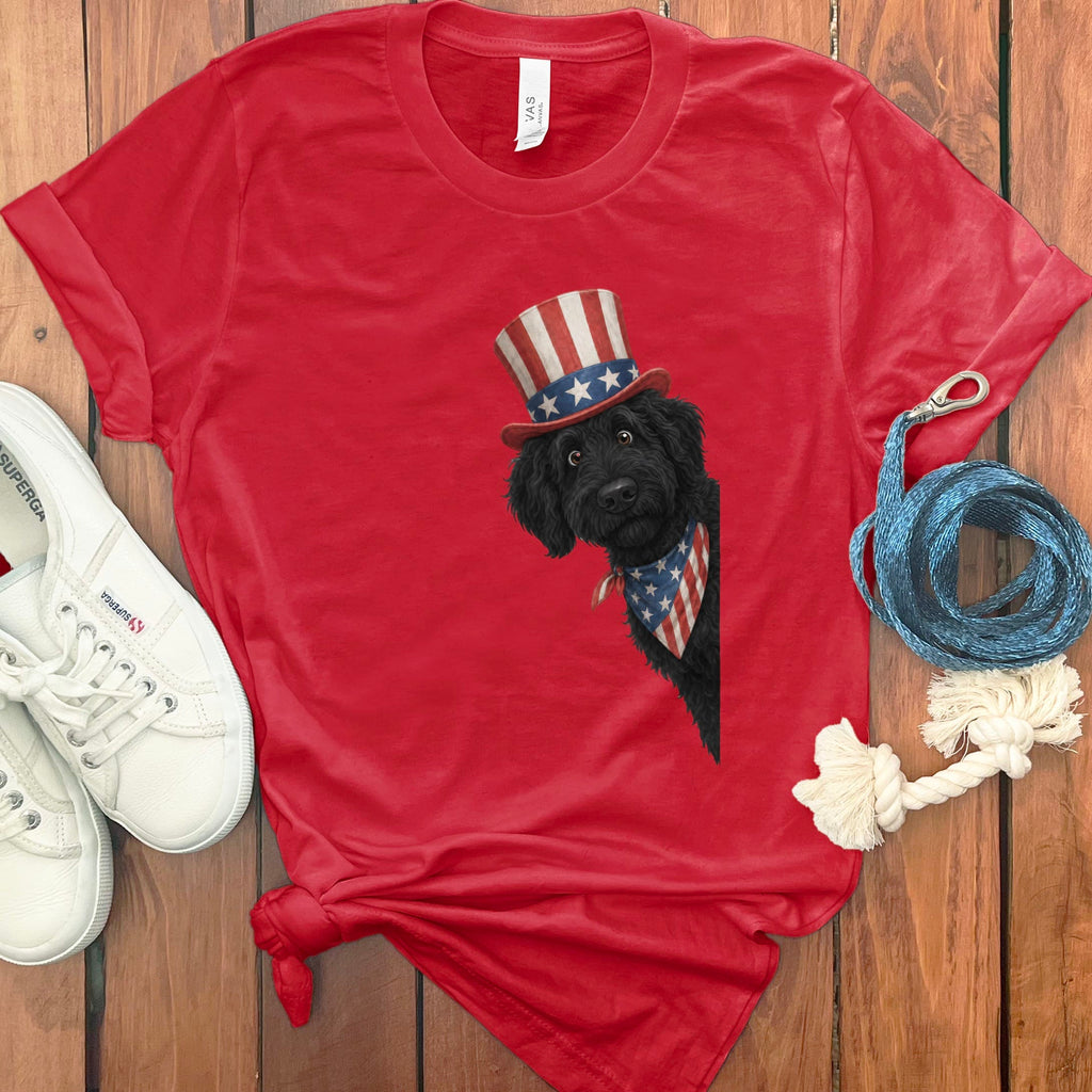 Patriotic Peeking Black Goldendoodle T-Shirt in Red / S by Puppy Jo