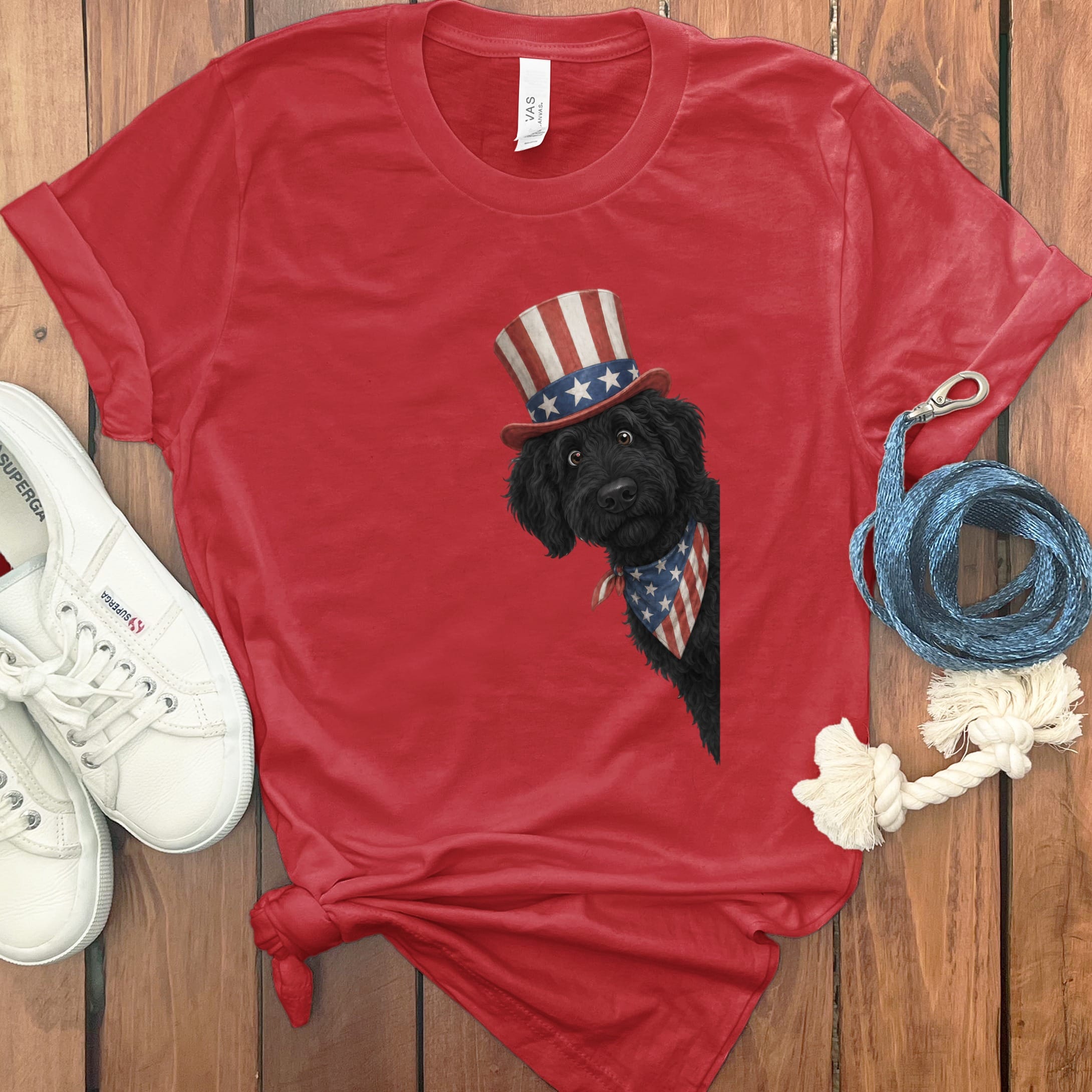 Patriotic Peeking Black Goldendoodle T-Shirt in Red / S by Puppy Jo