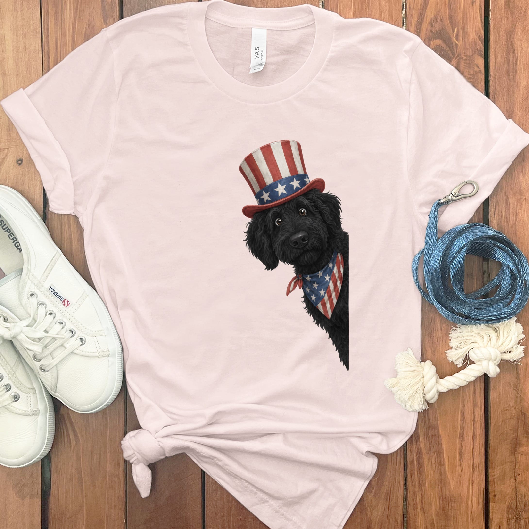 Patriotic Peeking Black Goldendoodle T-Shirt in Soft Pink / S by Puppy Jo