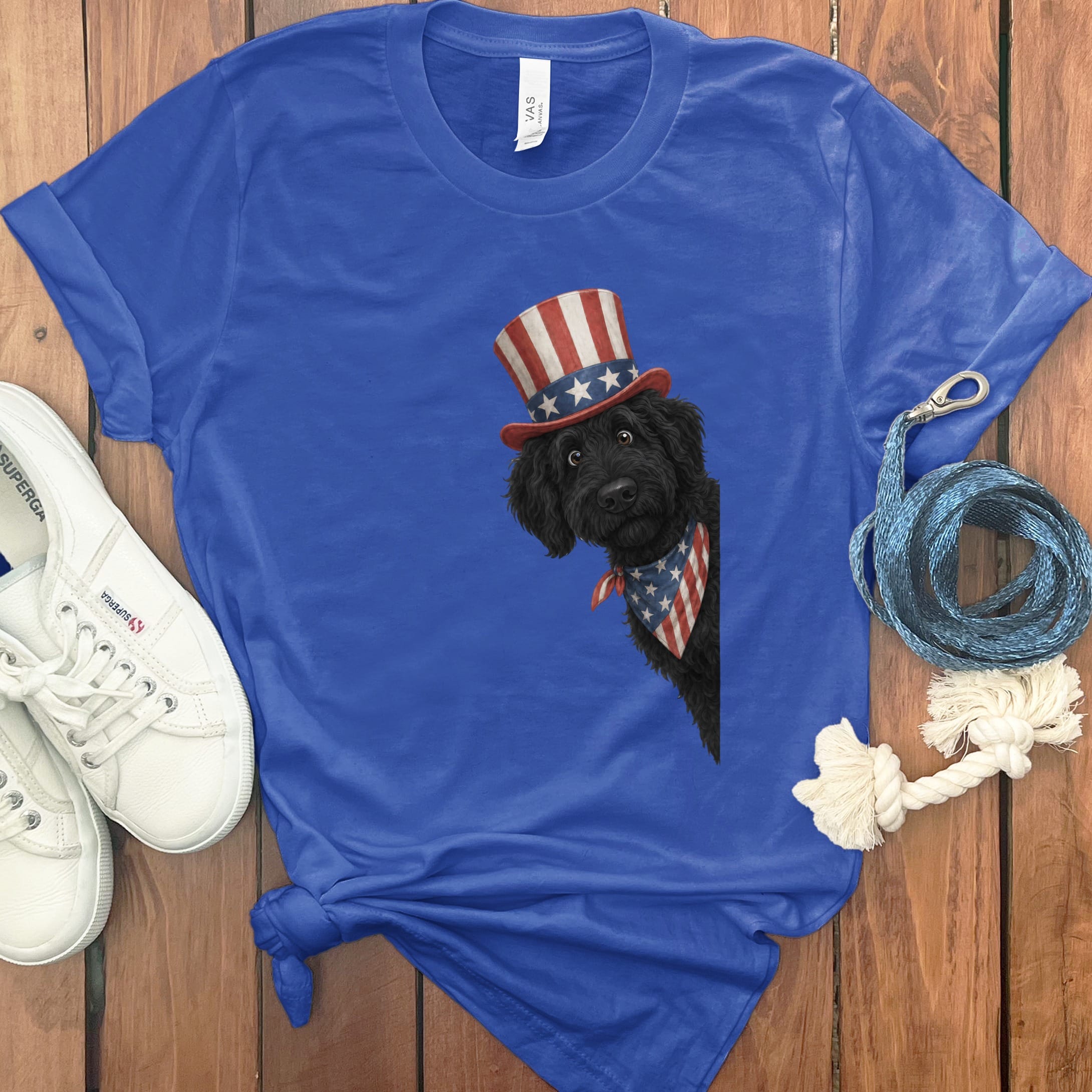 Patriotic Peeking Black Goldendoodle T-Shirt in True Royal / S by Puppy Jo