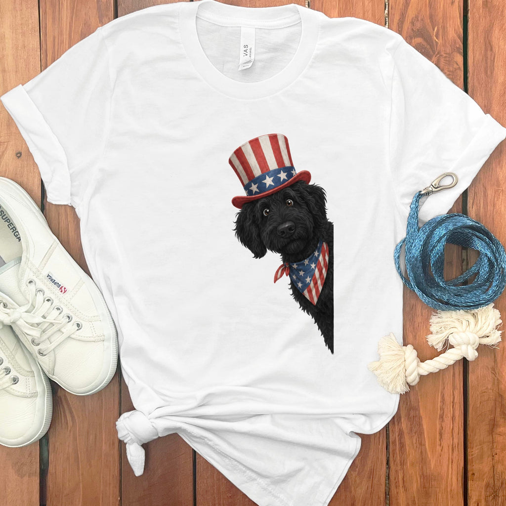 Patriotic Peeking Black Goldendoodle T-Shirt in White / S by Puppy Jo