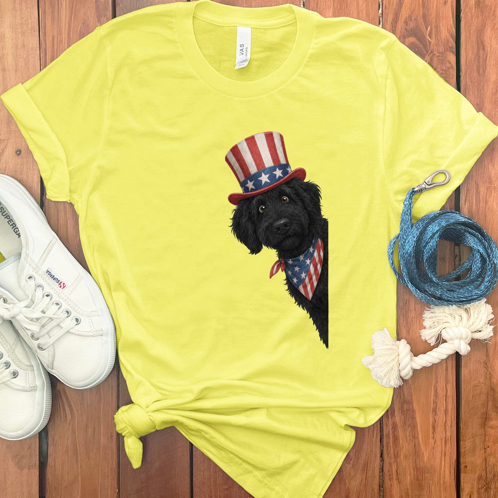 Patriotic Peeking Black Goldendoodle T-Shirt in Yellow / S by Puppy Jo