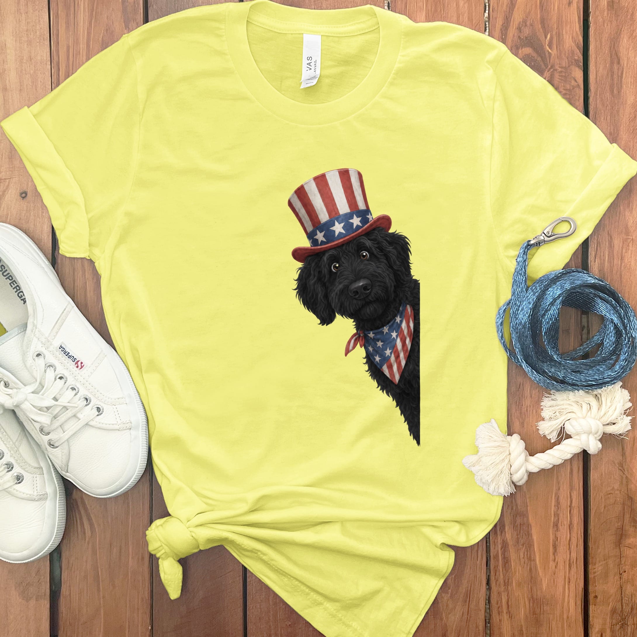 Patriotic Peeking Black Goldendoodle T-Shirt in Yellow / S by Puppy Jo
