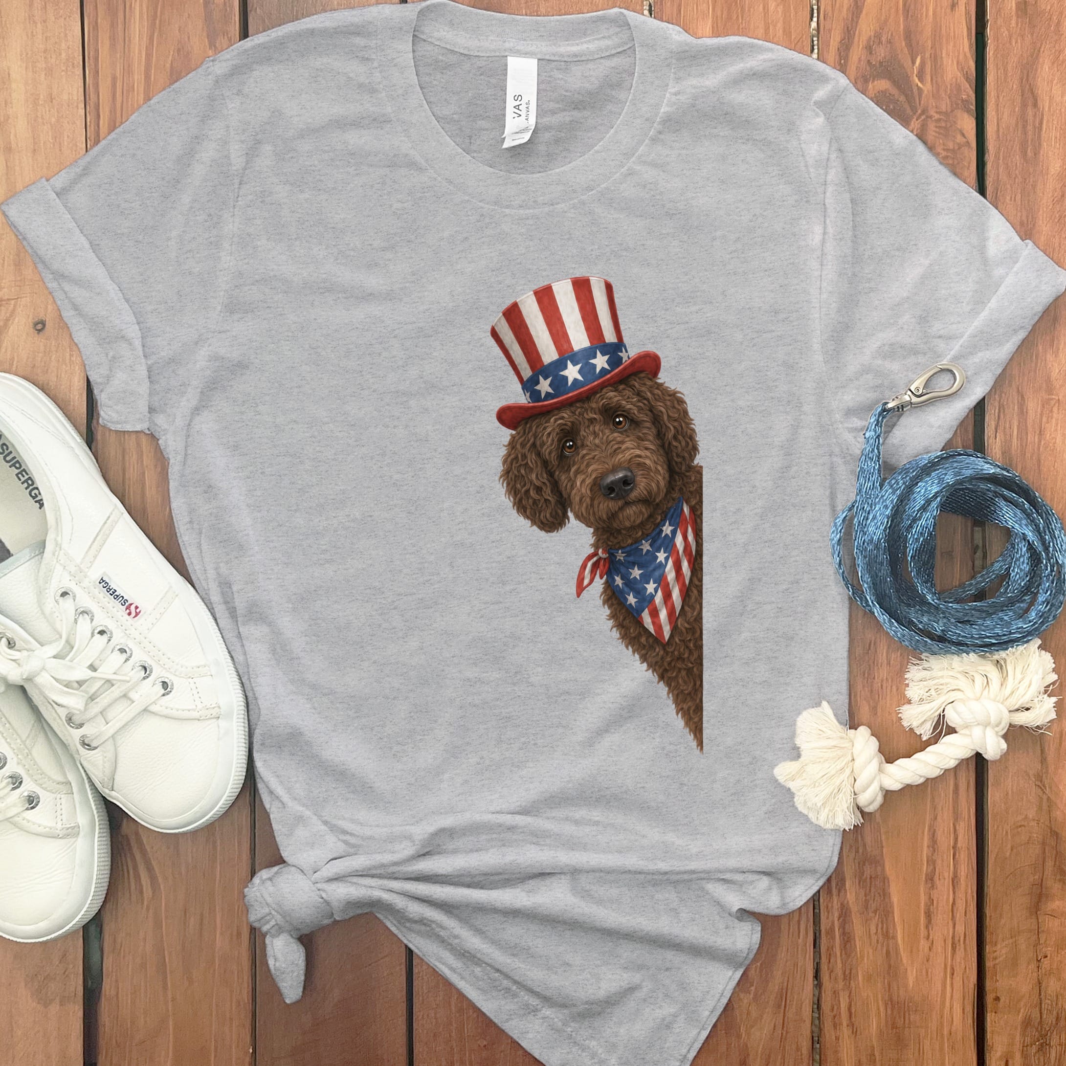 Patriotic Peeking Chocolate Goldendoodle in Athletic Heather / S by Puppy Jo