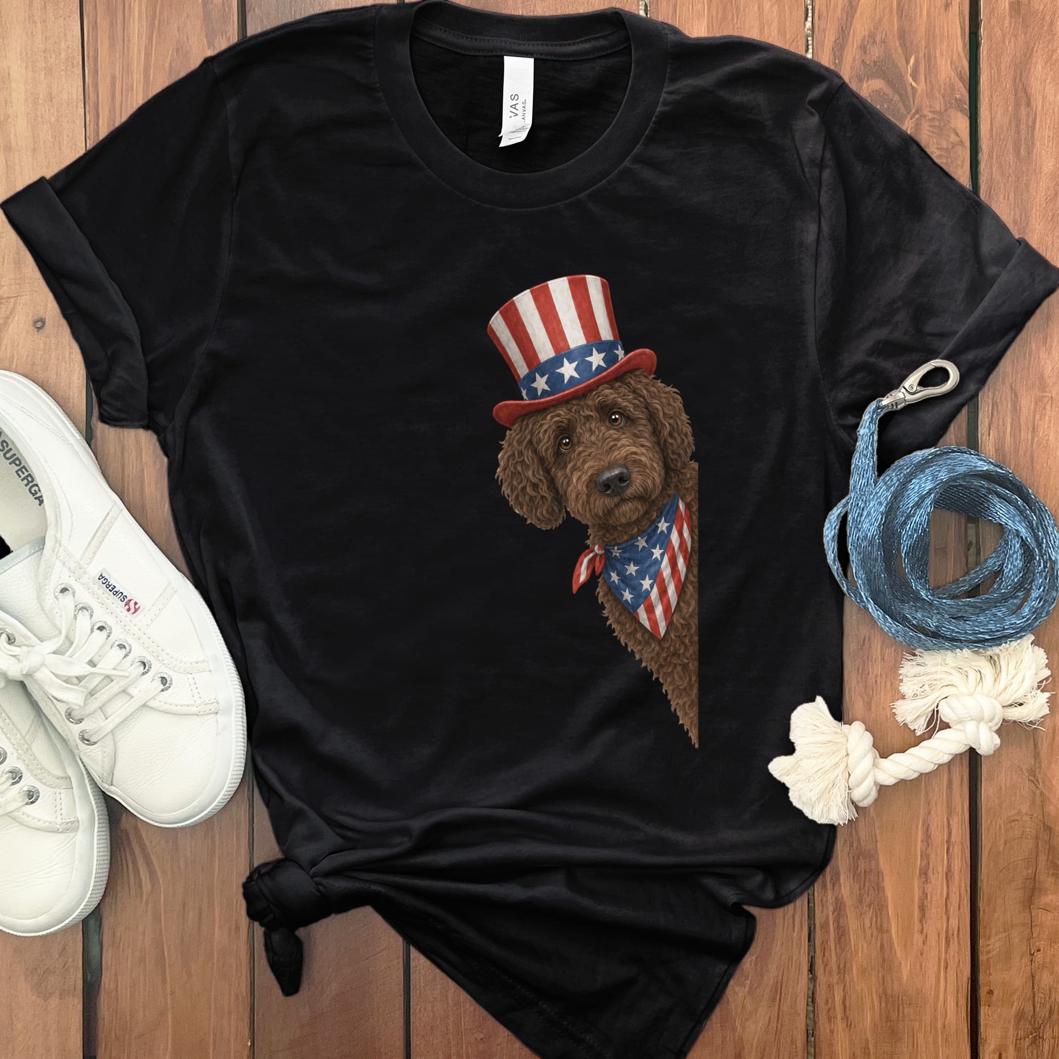 Patriotic Peeking Chocolate Goldendoodle in Black / S by Puppy Jo