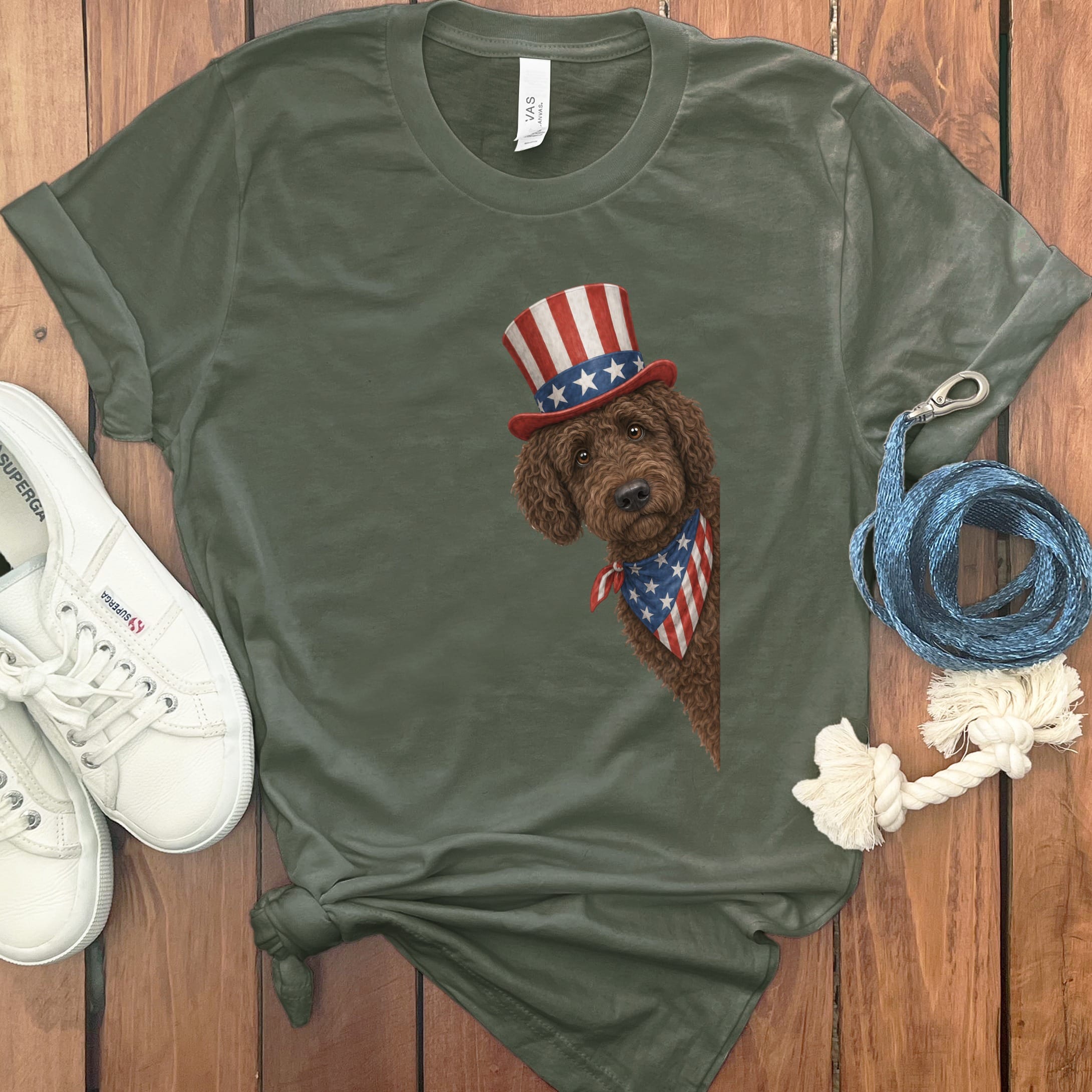 Patriotic Peeking Chocolate Goldendoodle in Military Green / S by Puppy Jo