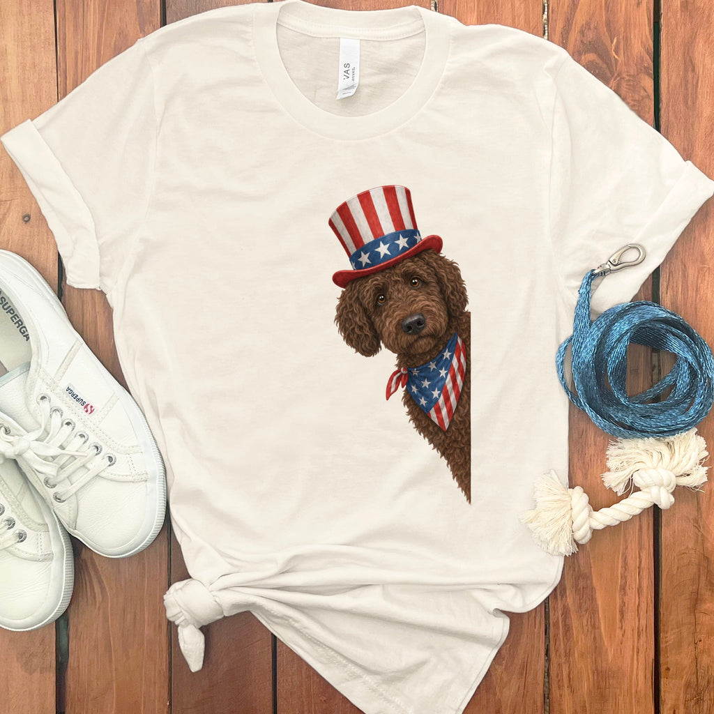 Patriotic Peeking Chocolate Goldendoodle in Natural / S by Puppy Jo