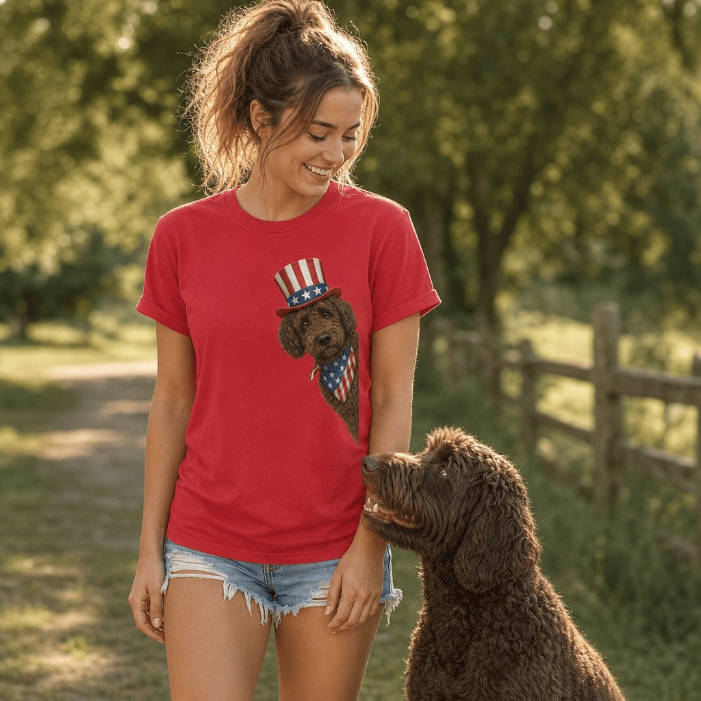 Patriotic Peeking Chocolate Goldendoodle in by Puppy Jo