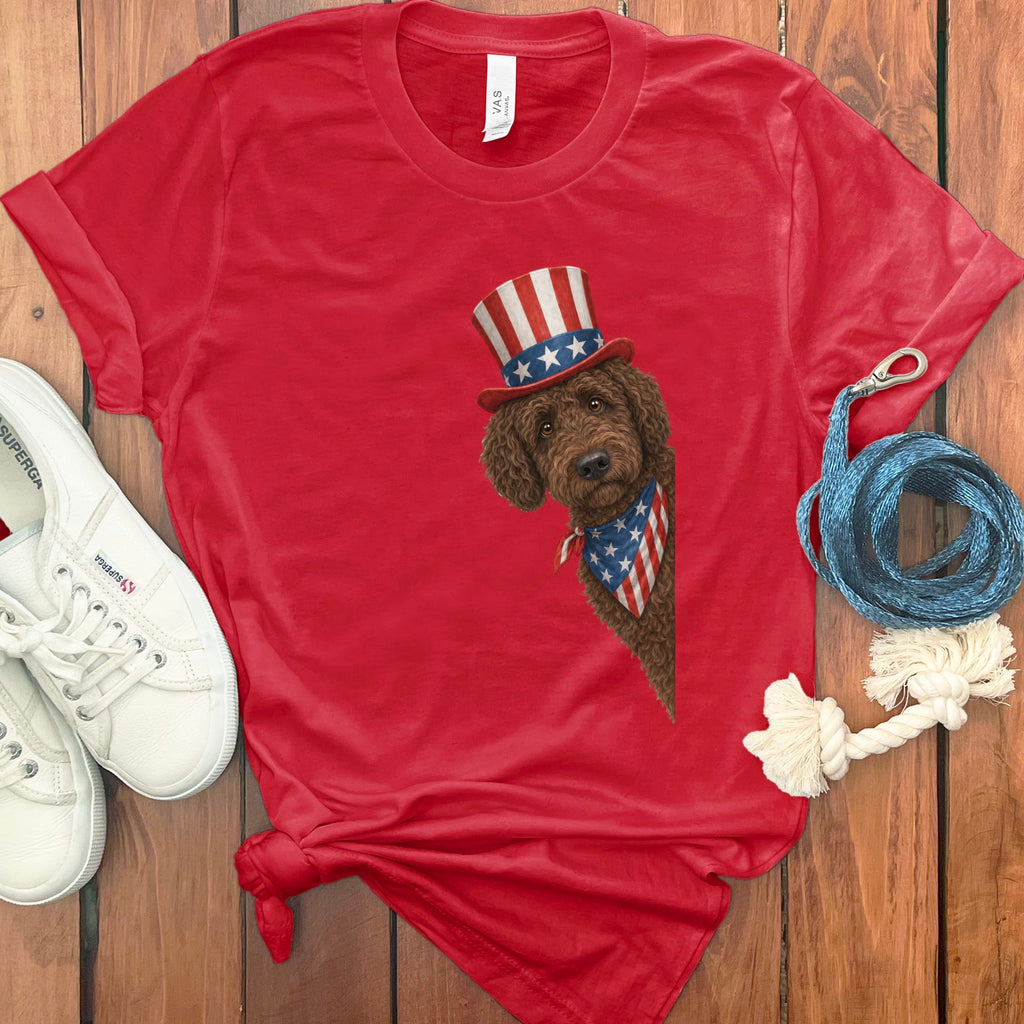 Patriotic Peeking Chocolate Goldendoodle in Red / S by Puppy Jo