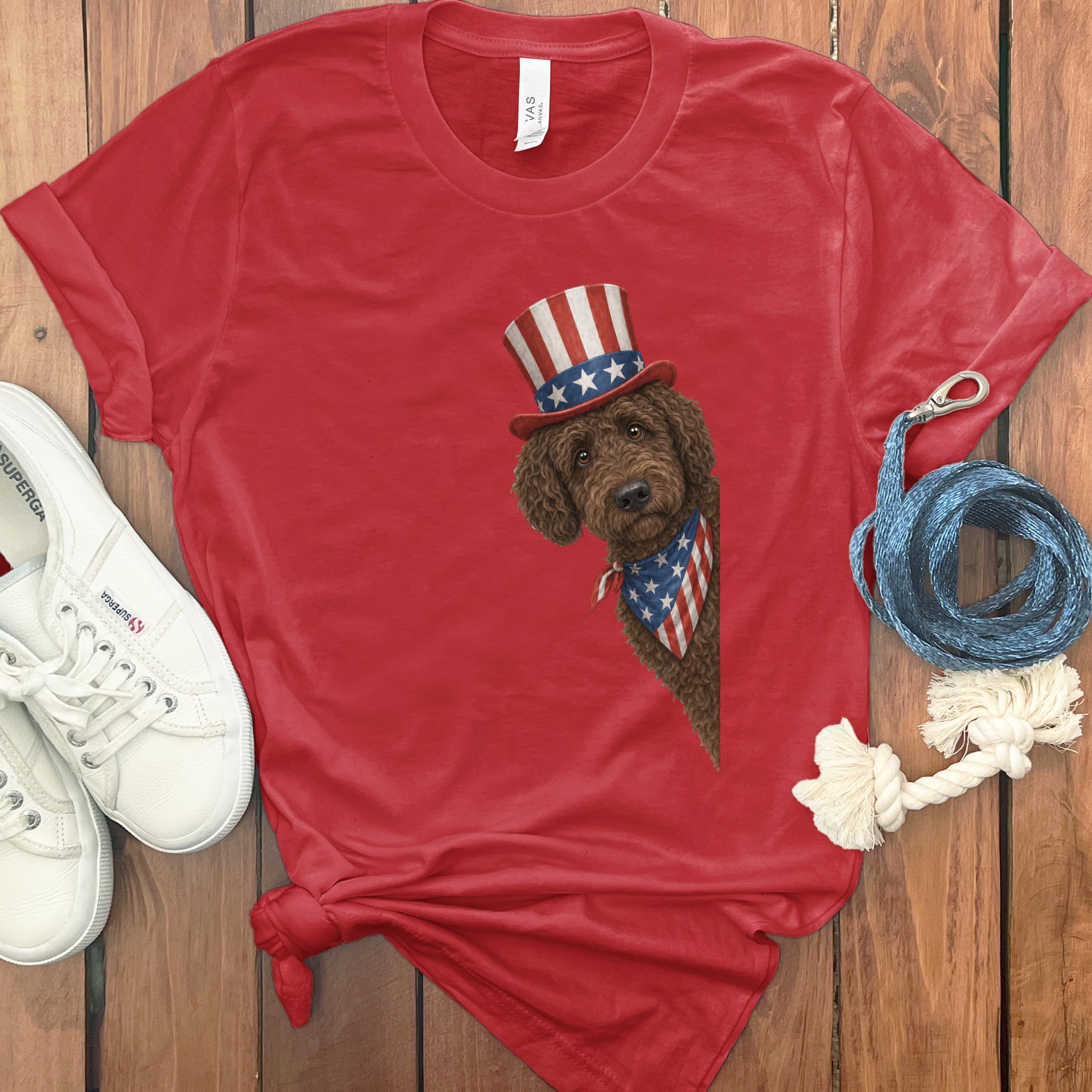 Patriotic Peeking Chocolate Goldendoodle in Red / S by Puppy Jo