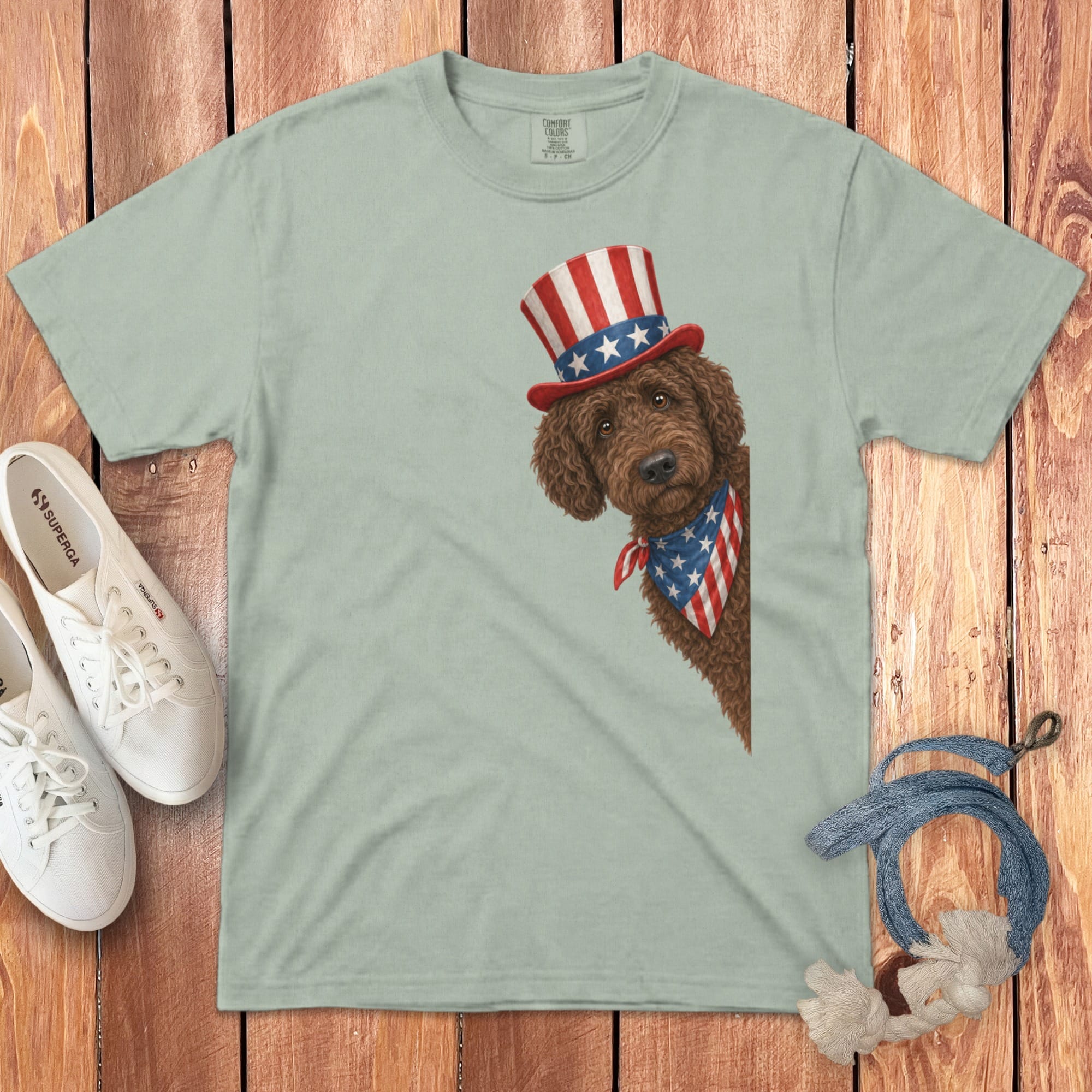 Patriotic Peeking Chocolate Goldendoodle Signature T-Shirt in Bay / S by Puppy Jo