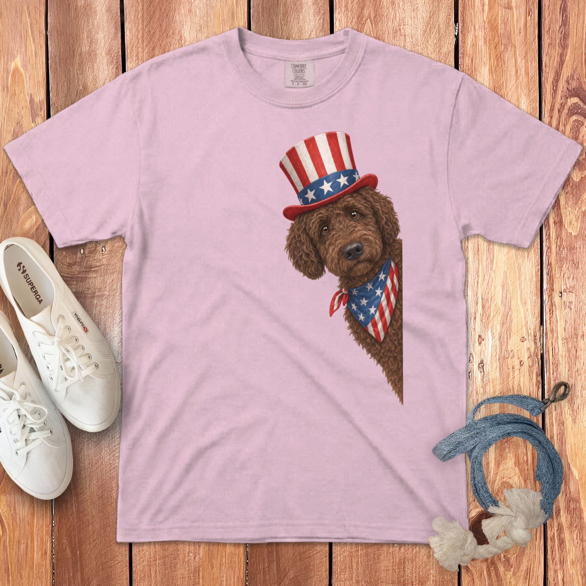 Patriotic Peeking Chocolate Goldendoodle Signature T-Shirt in Blossom / S by Puppy Jo