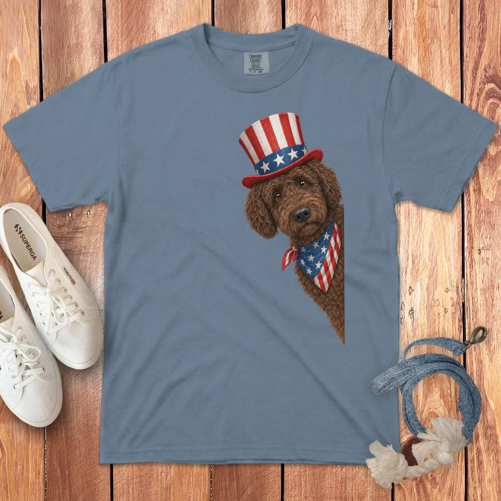 Patriotic Peeking Chocolate Goldendoodle Signature T-Shirt in Blue Jean / S by Puppy Jo