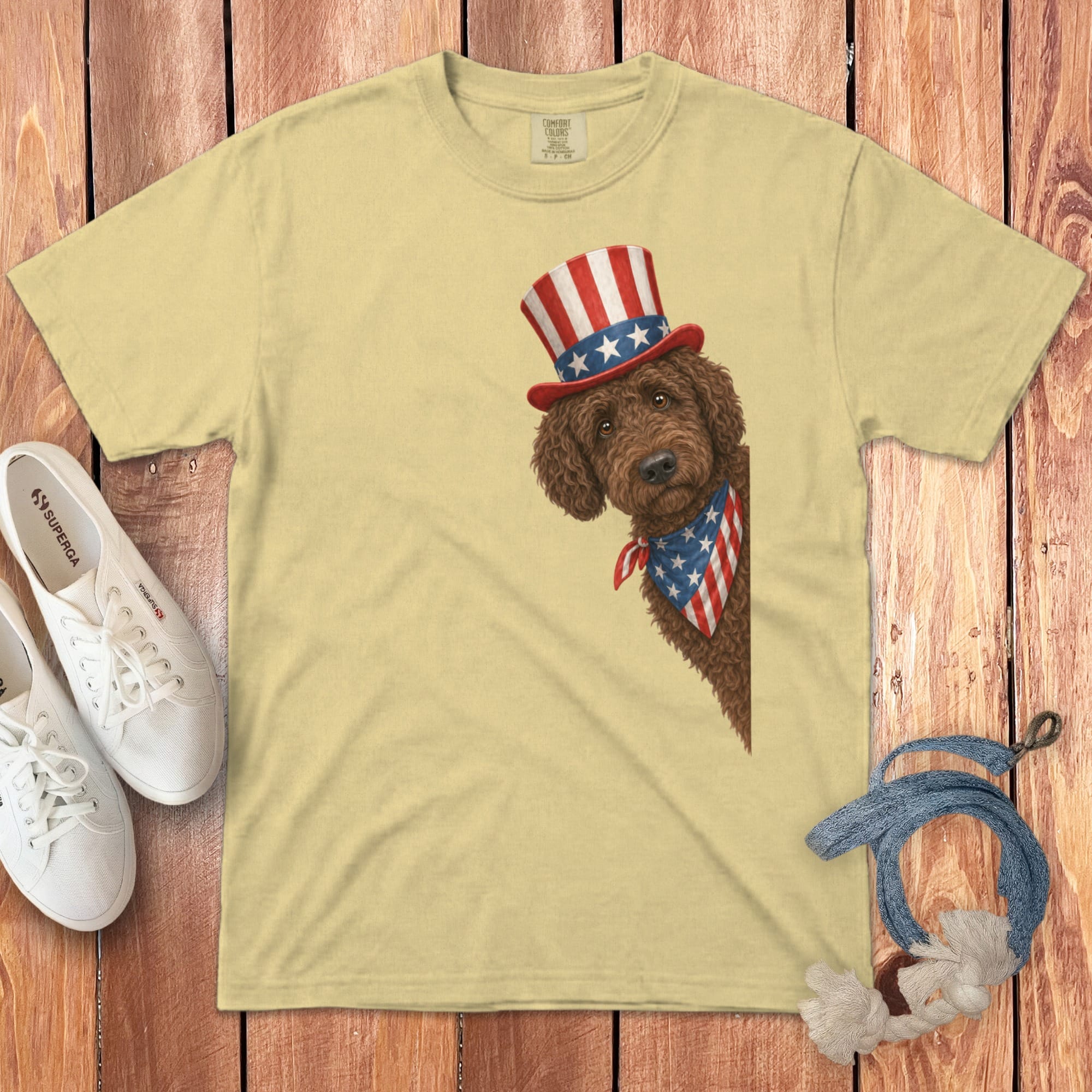 Patriotic Peeking Chocolate Goldendoodle Signature T-Shirt in Butter / S by Puppy Jo