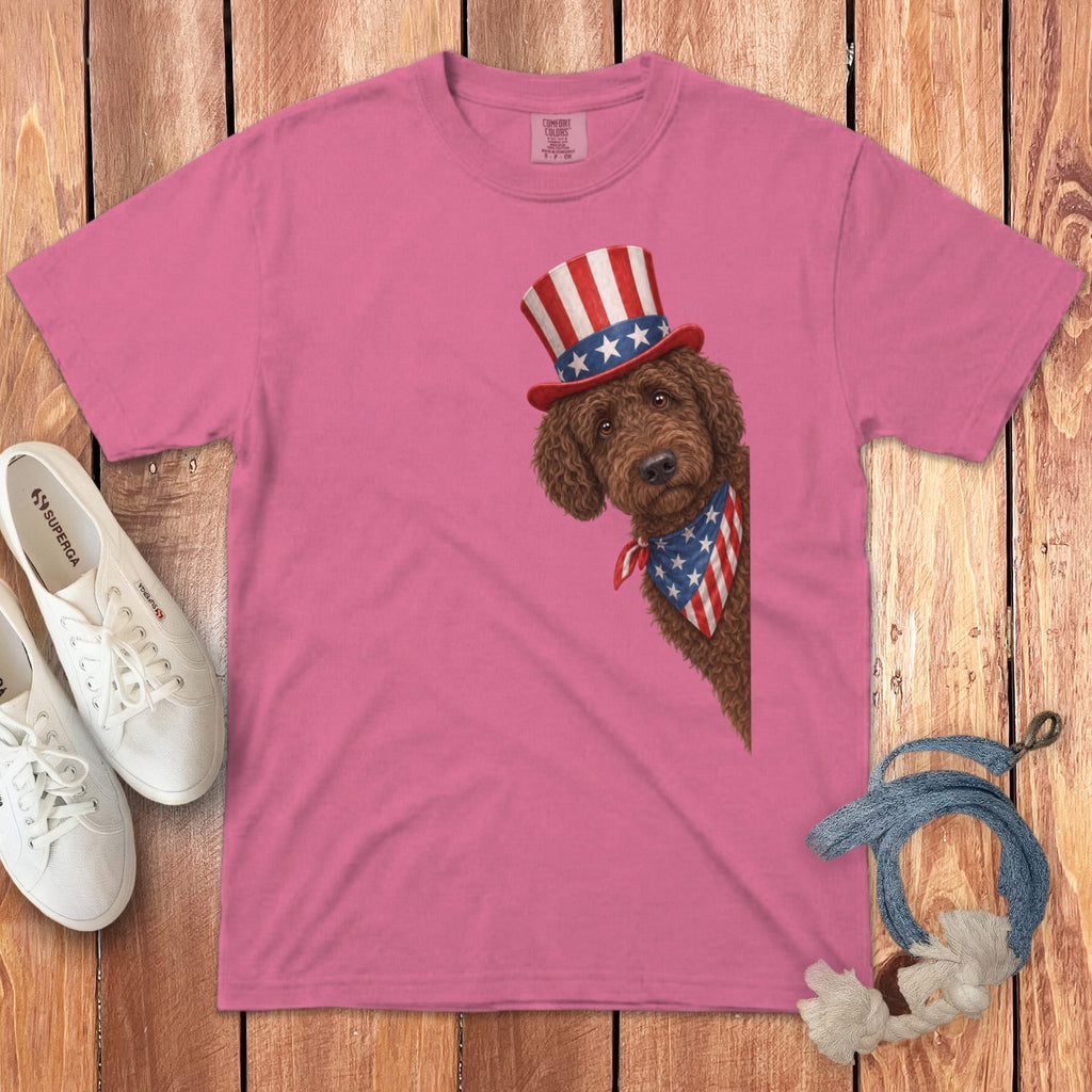 Patriotic Peeking Chocolate Goldendoodle Signature T-Shirt in Crunchberry / S by Puppy Jo