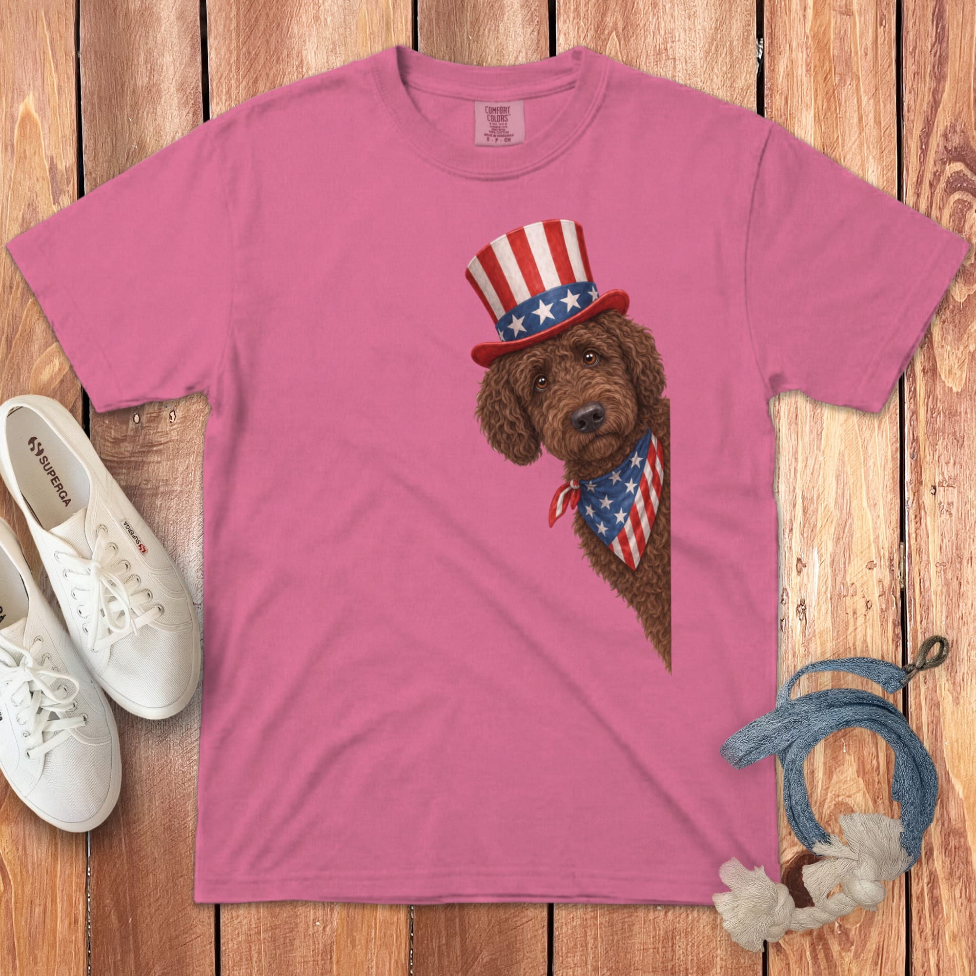 Patriotic Peeking Chocolate Goldendoodle Signature T-Shirt in Crunchberry / S by Puppy Jo