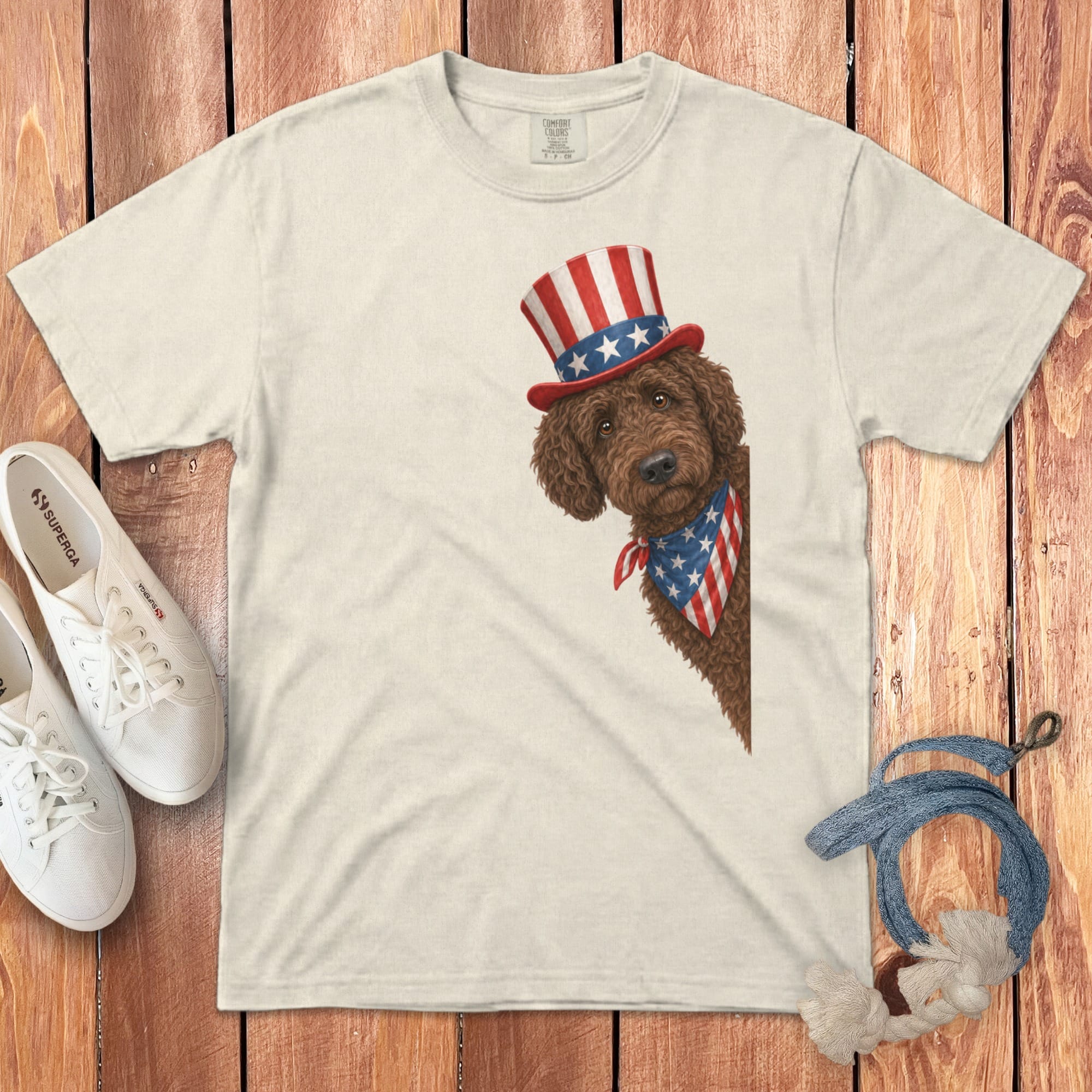 Patriotic Peeking Chocolate Goldendoodle Signature T-Shirt in Ivory / S by Puppy Jo