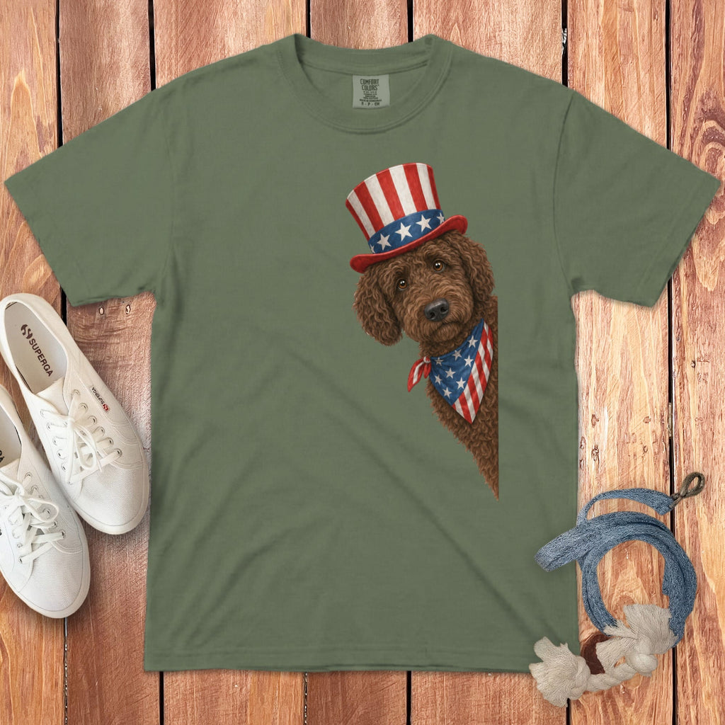 Patriotic Peeking Chocolate Goldendoodle Signature T-Shirt in Moss / S by Puppy Jo