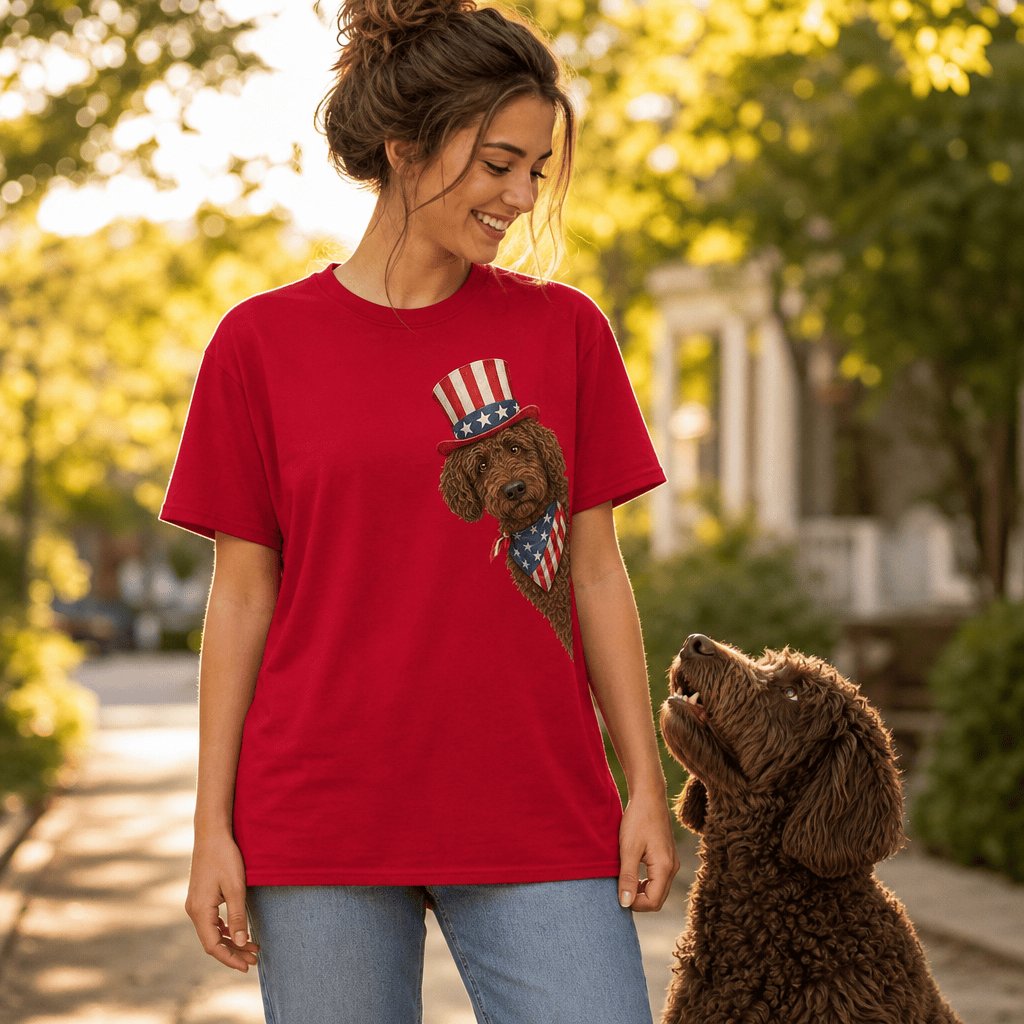 Patriotic Peeking Chocolate Goldendoodle Signature T-Shirt in by Puppy Jo