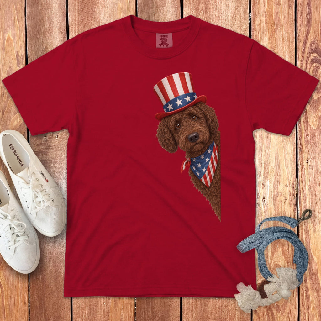 Patriotic Peeking Chocolate Goldendoodle Signature T-Shirt in Red / S by Puppy Jo