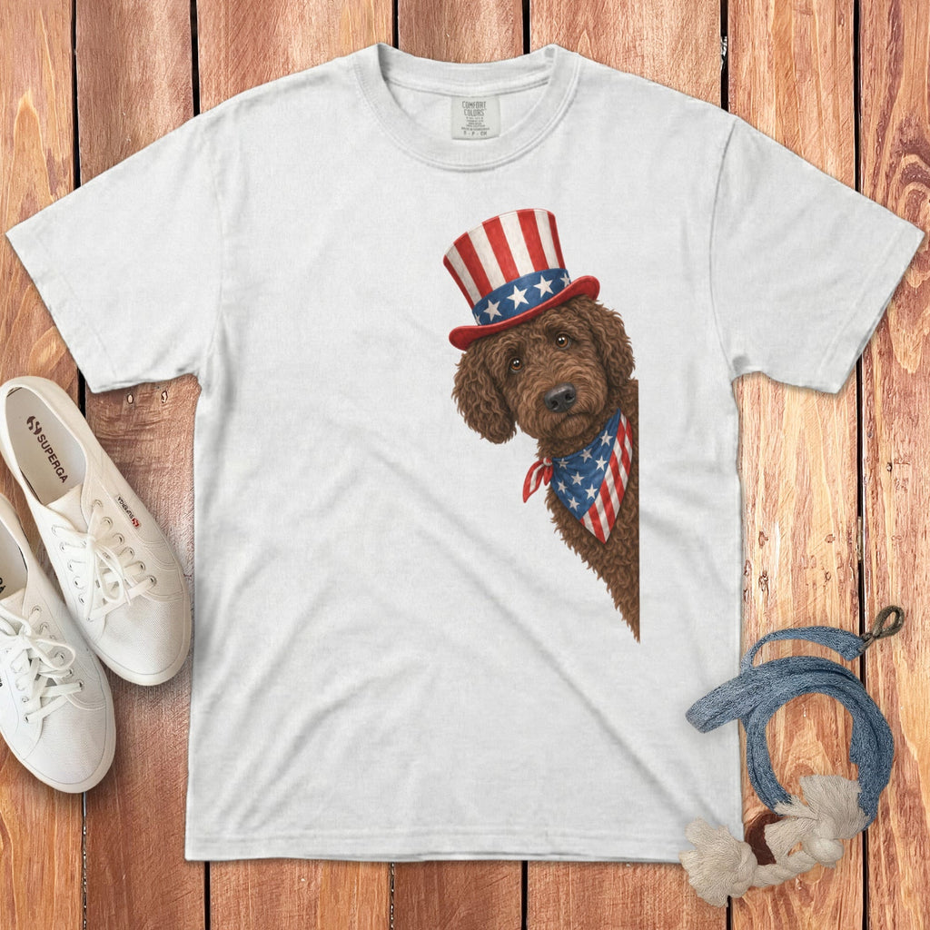 Patriotic Peeking Chocolate Goldendoodle Signature T-Shirt in White / S by Puppy Jo