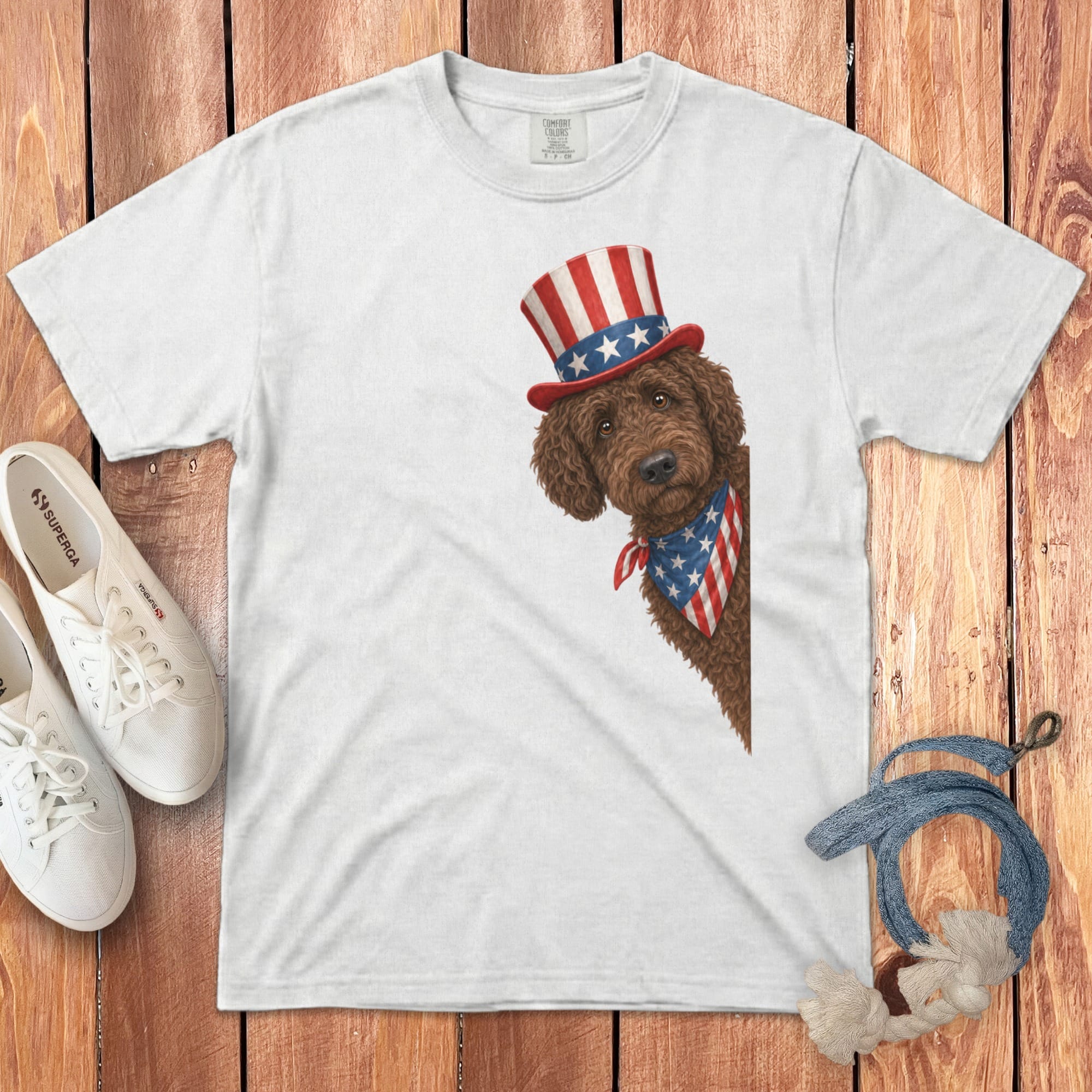 Patriotic Peeking Chocolate Goldendoodle Signature T-Shirt in White / S by Puppy Jo