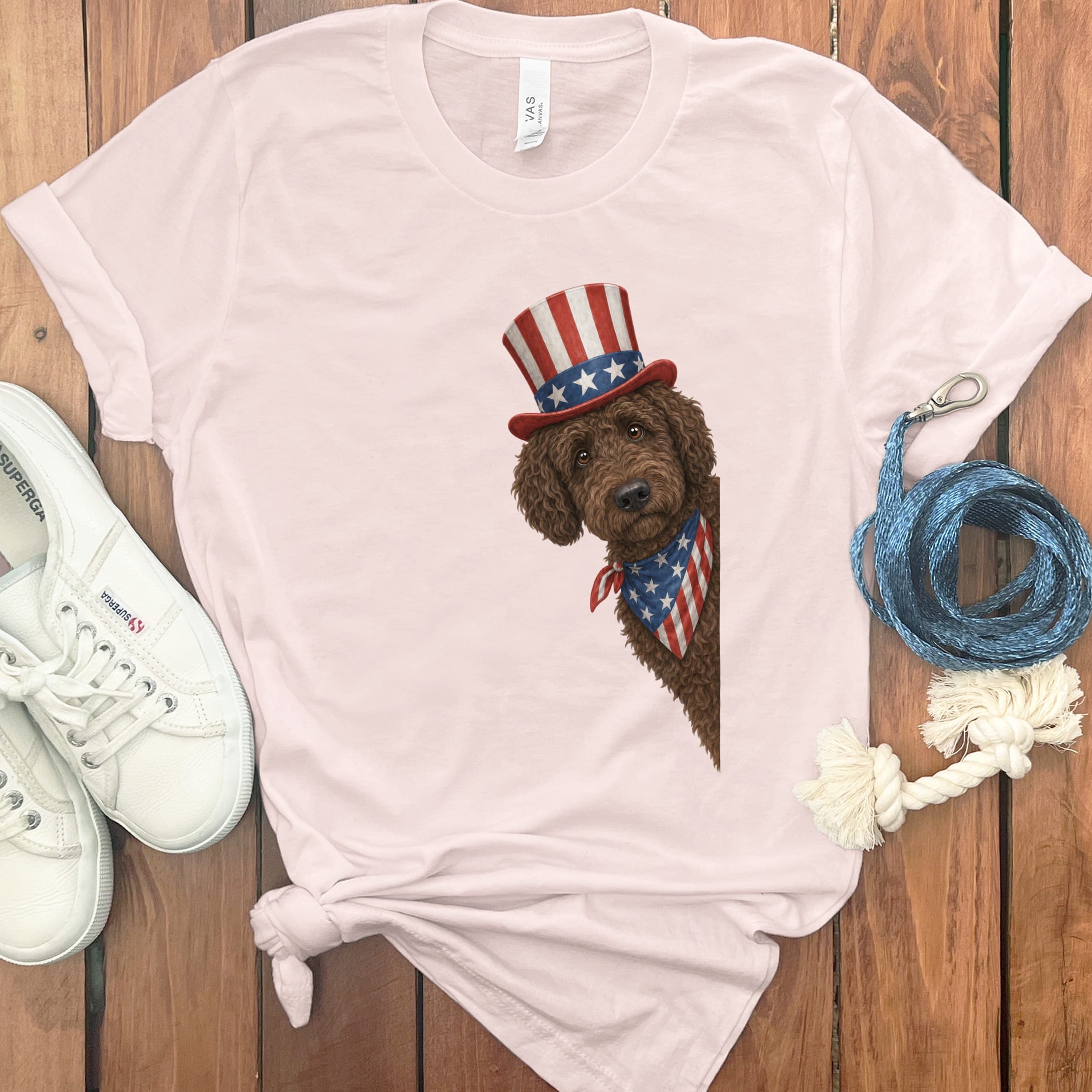 Patriotic Peeking Chocolate Goldendoodle in Soft Pink / S by Puppy Jo