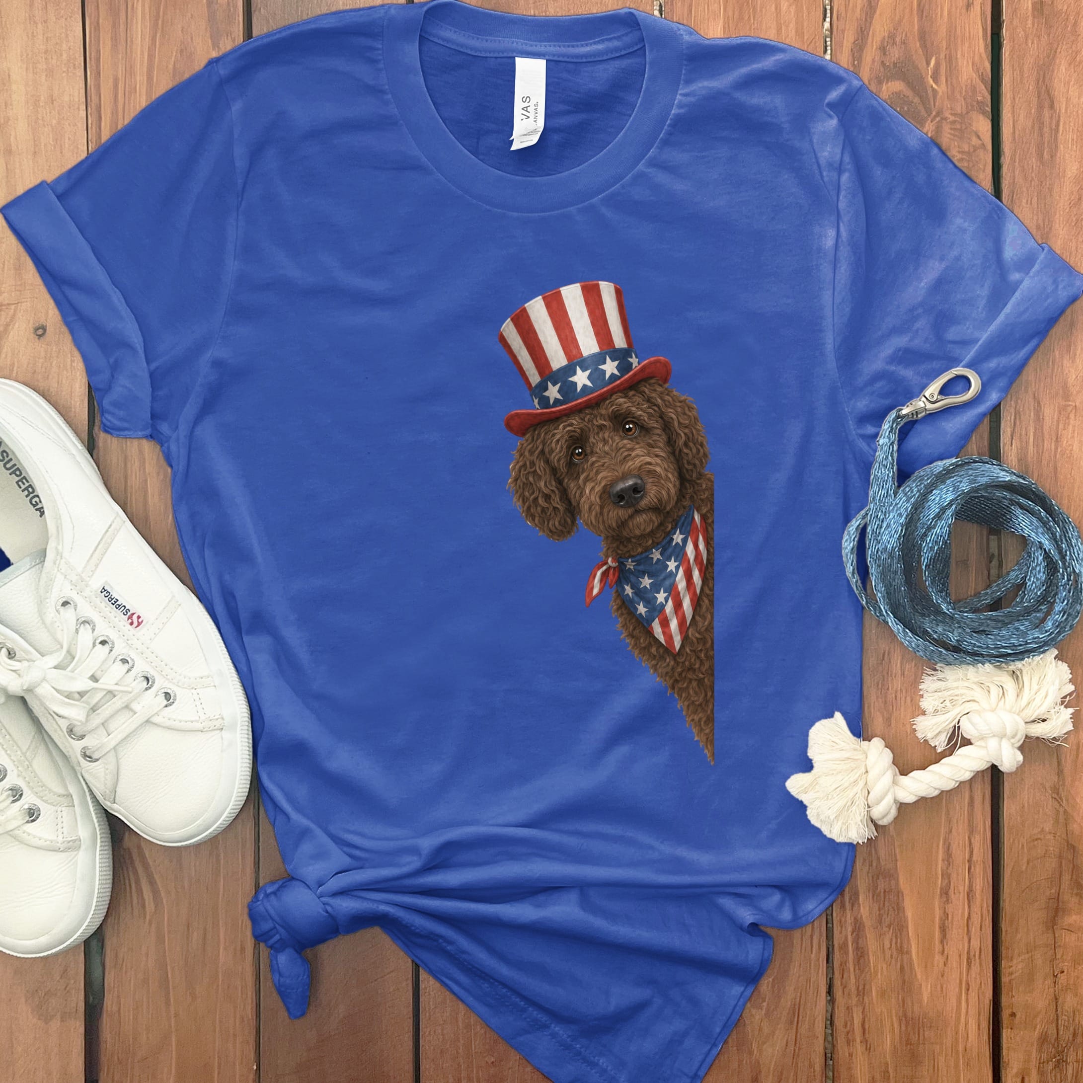 Patriotic Peeking Chocolate Goldendoodle in True Royal / S by Puppy Jo