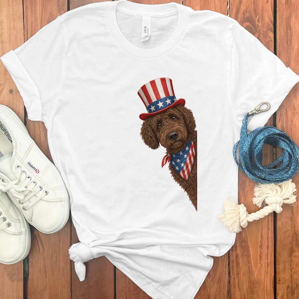 Patriotic Peeking Chocolate Goldendoodle in White / S by Puppy Jo
