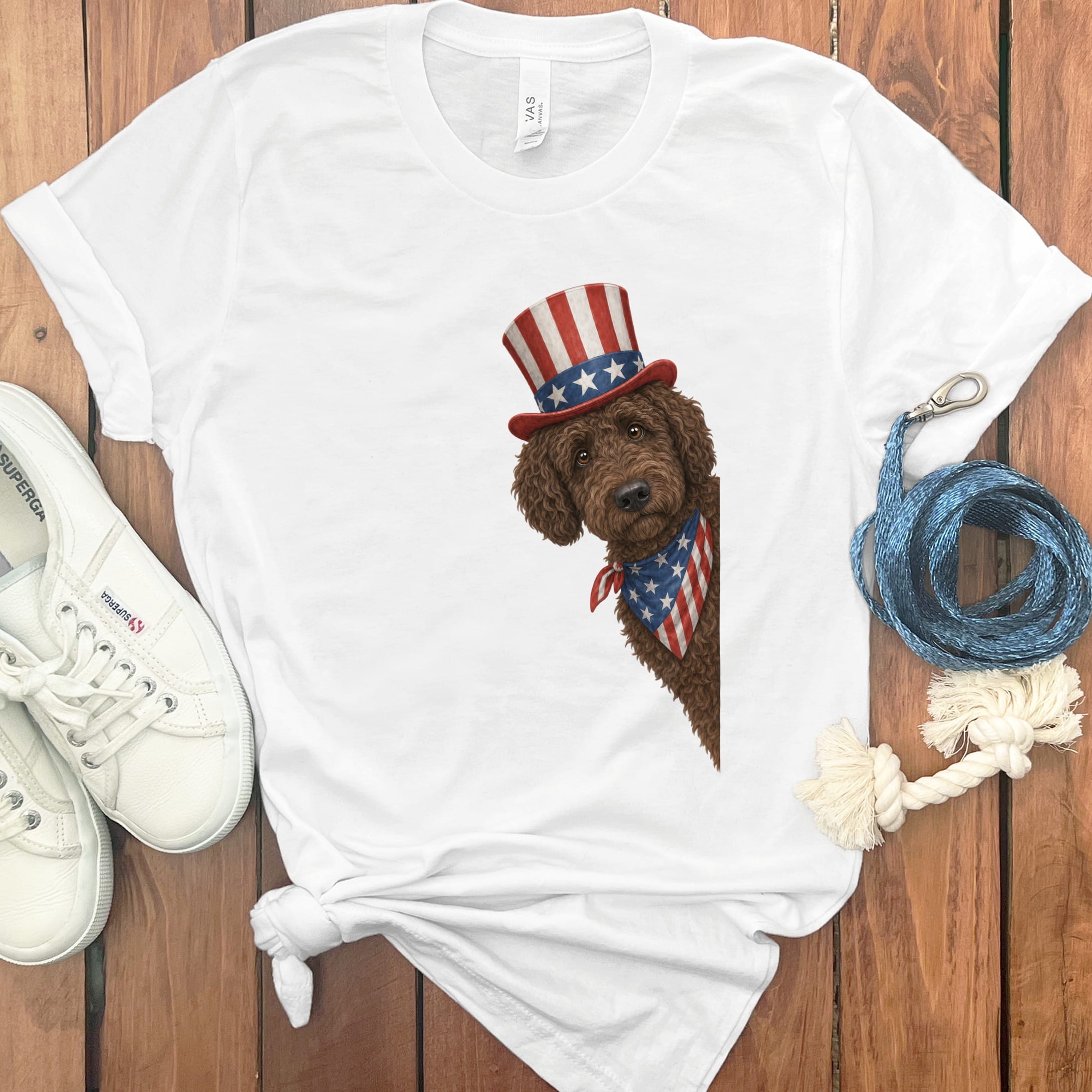 Patriotic Peeking Chocolate Goldendoodle in White / S by Puppy Jo