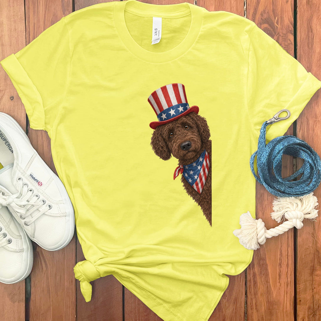 Patriotic Peeking Chocolate Goldendoodle in Yellow / S by Puppy Jo