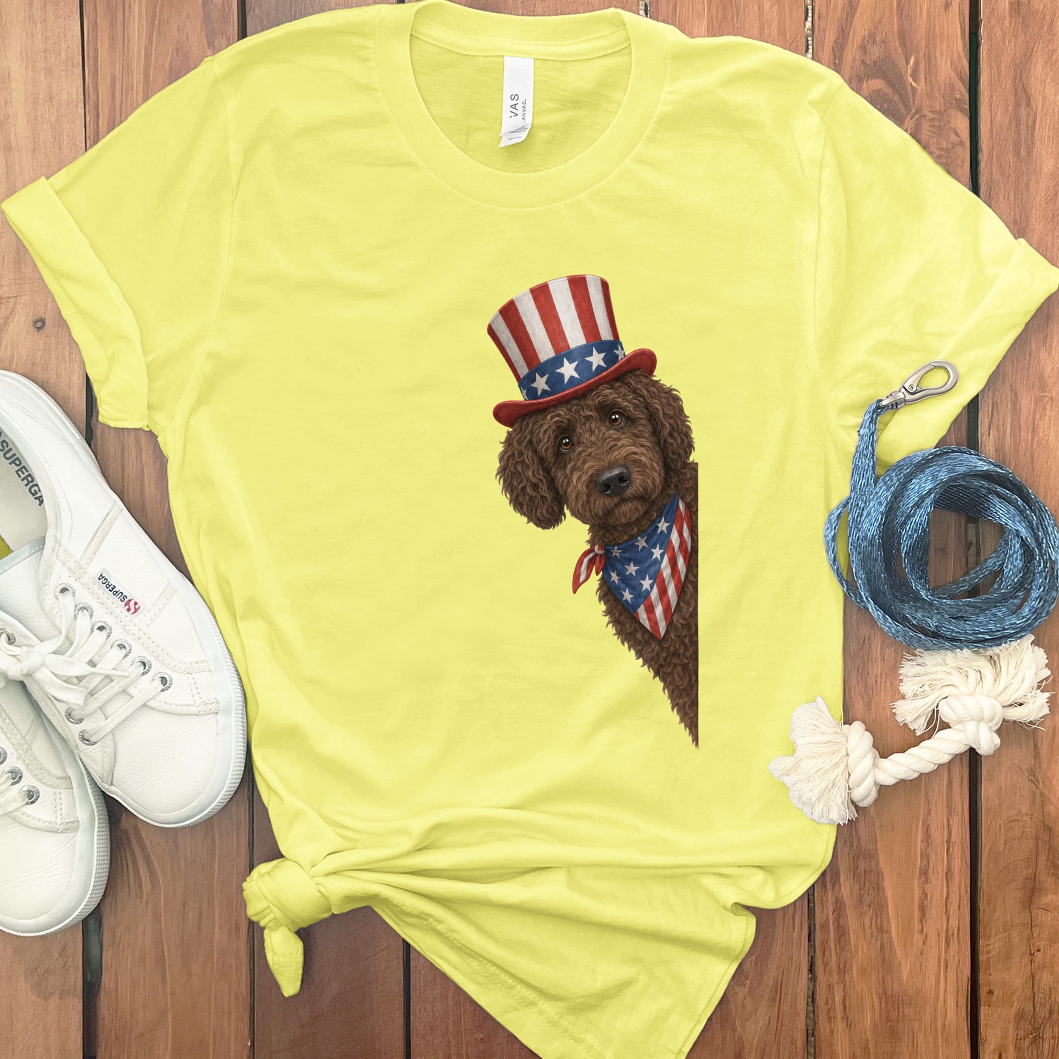 Patriotic Peeking Chocolate Goldendoodle in Yellow / S by Puppy Jo