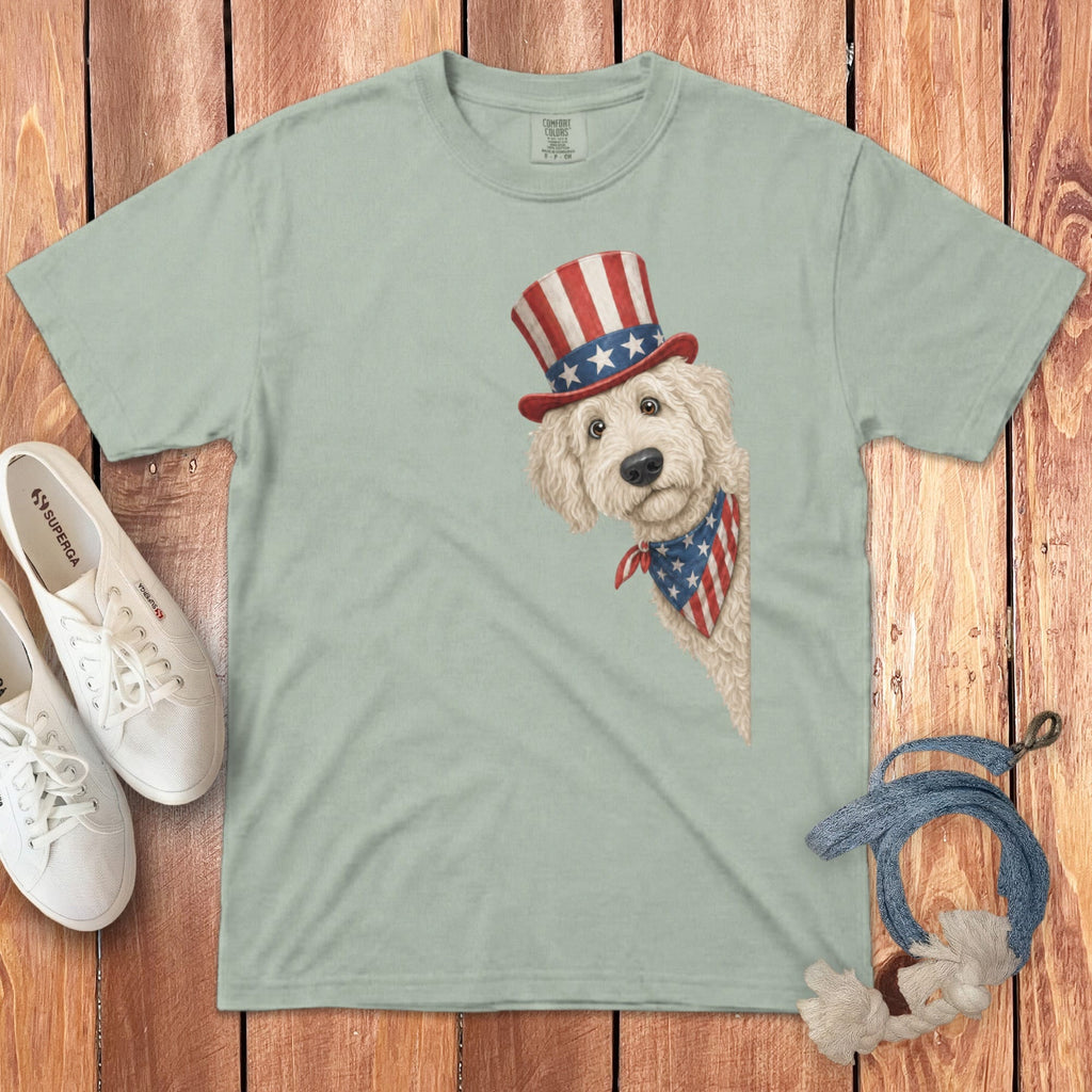 Patriotic Peeking Cream Goldendoodle Signature T-Shirt in Bay / S by Puppy Jo