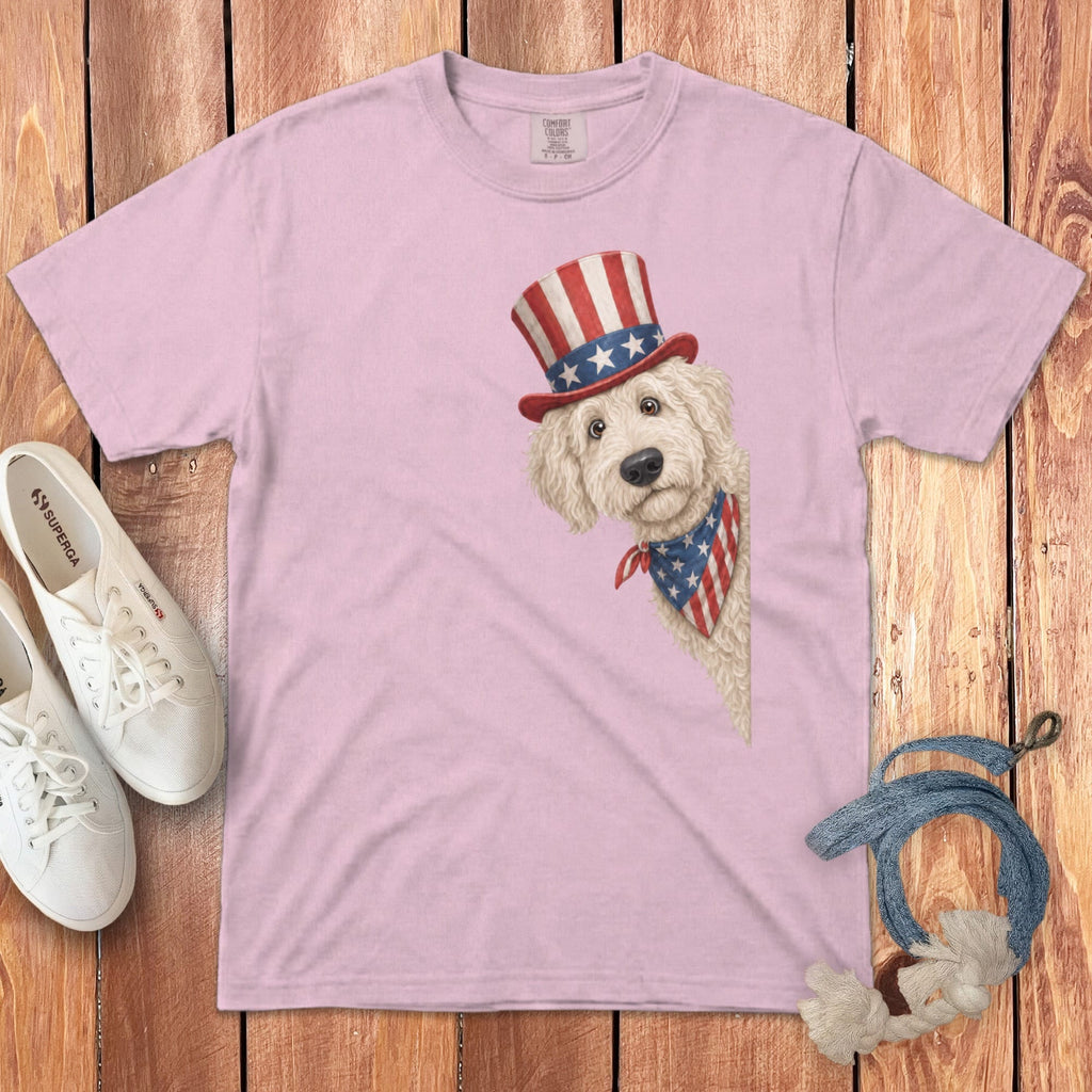 Patriotic Peeking Cream Goldendoodle Signature T-Shirt in Blossom / S by Puppy Jo