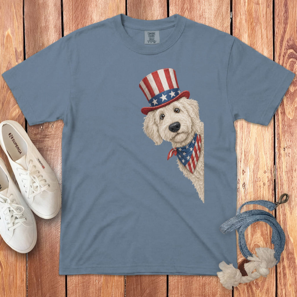 Patriotic Peeking Cream Goldendoodle Signature T-Shirt in Blue Jean / S by Puppy Jo