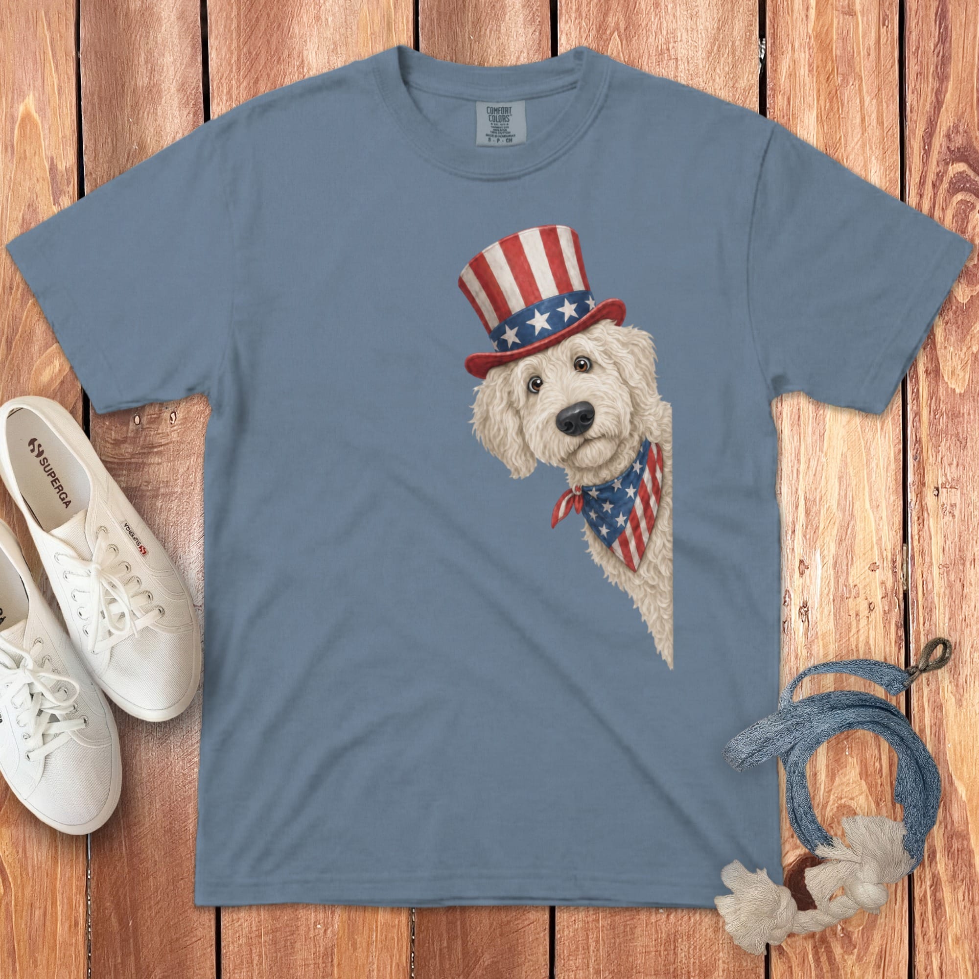Patriotic Peeking Cream Goldendoodle Signature T-Shirt in Blue Jean / S by Puppy Jo