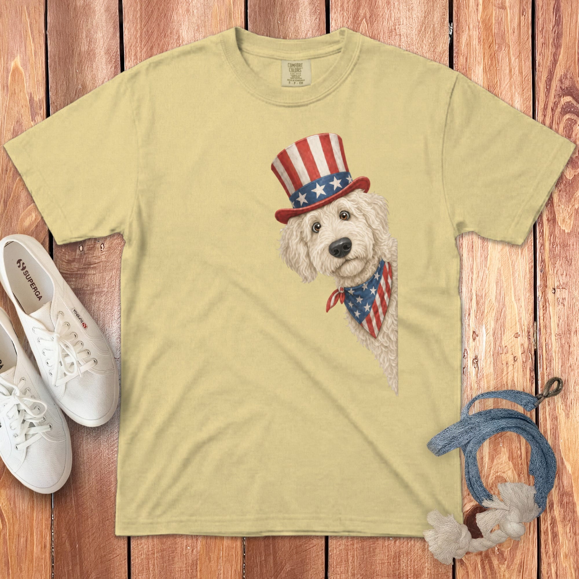 Patriotic Peeking Cream Goldendoodle Signature T-Shirt in Butter / S by Puppy Jo