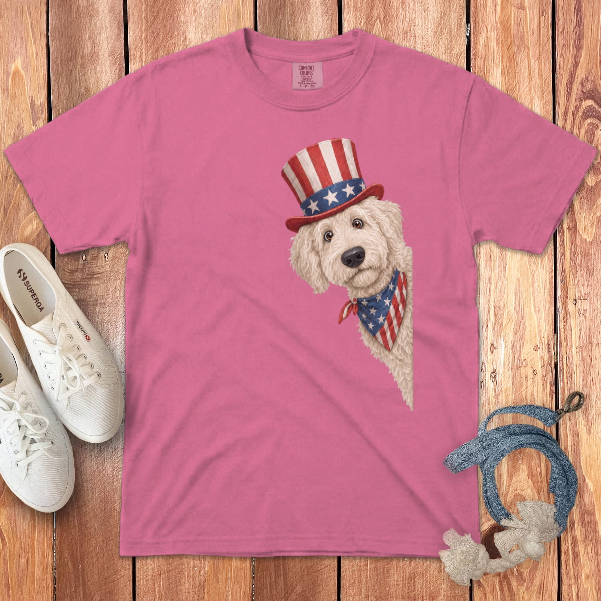 Patriotic Peeking Cream Goldendoodle Signature T-Shirt in Crunchberry / S by Puppy Jo
