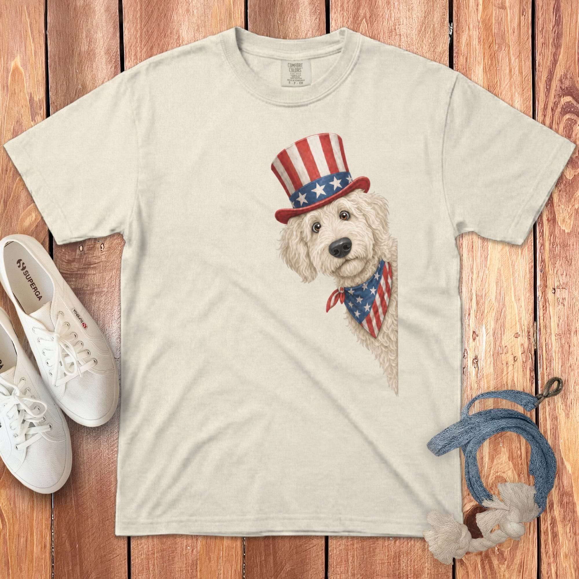 Patriotic Peeking Cream Goldendoodle Signature T-Shirt in Ivory / S by Puppy Jo