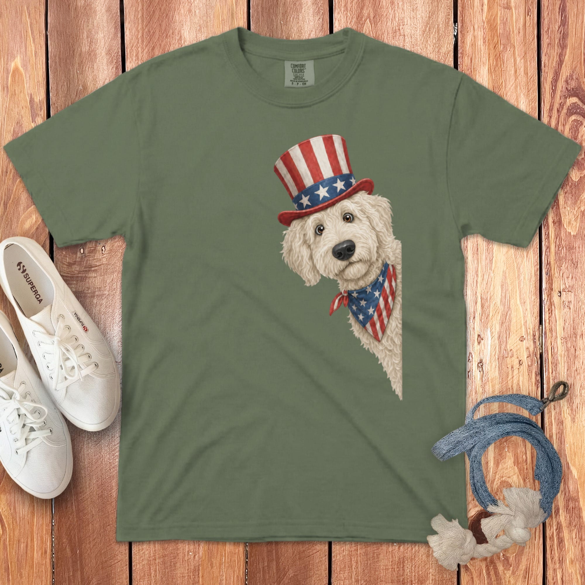 Patriotic Peeking Cream Goldendoodle Signature T-Shirt in Moss / S by Puppy Jo