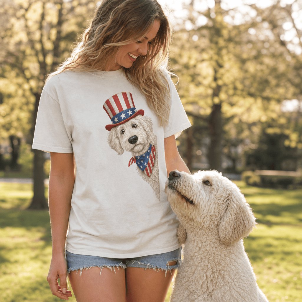 Patriotic Peeking Cream Goldendoodle Signature T-Shirt in by Puppy Jo