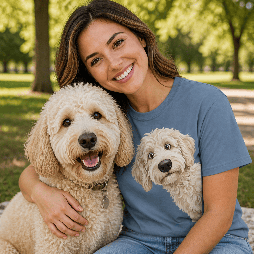 Patriotic Peeking Cream Goldendoodle Signature T-Shirt in by Puppy Jo