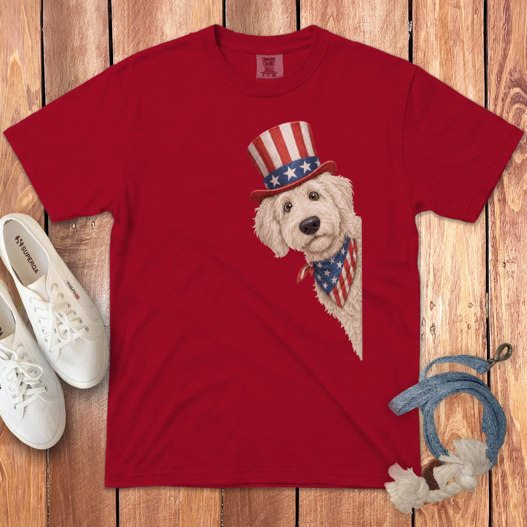 Patriotic Peeking Cream Goldendoodle Signature T-Shirt in Red / S by Puppy Jo