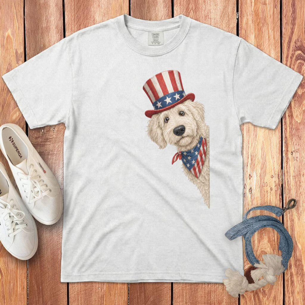 Patriotic Peeking Cream Goldendoodle Signature T-Shirt in White / S by Puppy Jo