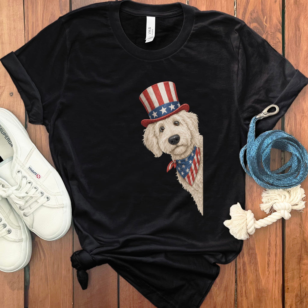 Patriotic Peeking Cream Goldendoodle T-Shirt in Black / S by Puppy Jo