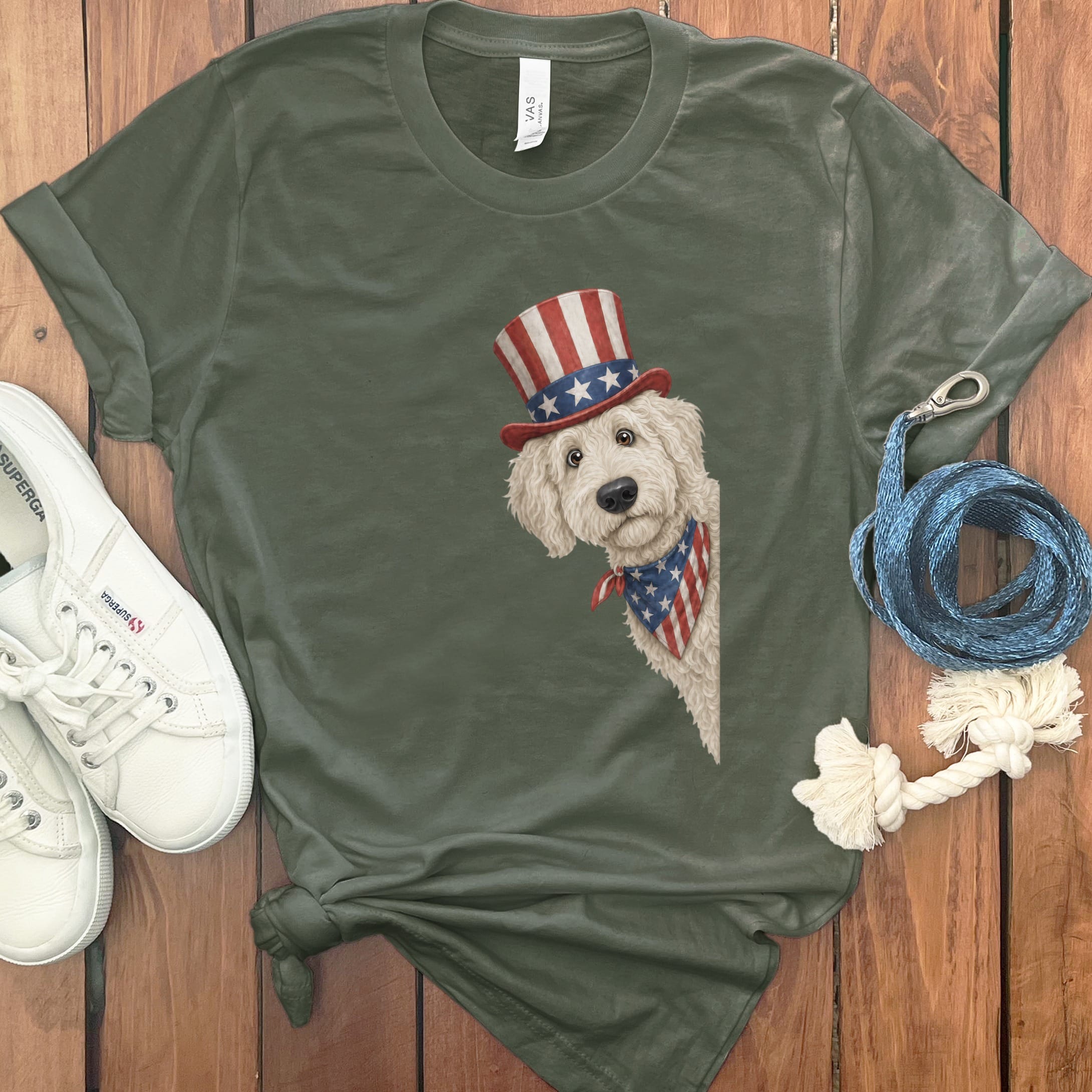 Patriotic Peeking Cream Goldendoodle T-Shirt in Military Green / S by Puppy Jo