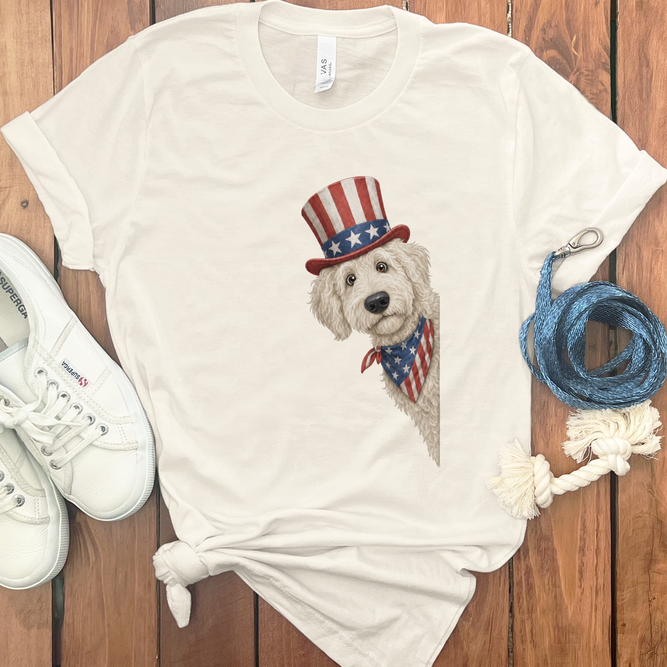 Patriotic Peeking Cream Goldendoodle T-Shirt in Natural / S by Puppy Jo
