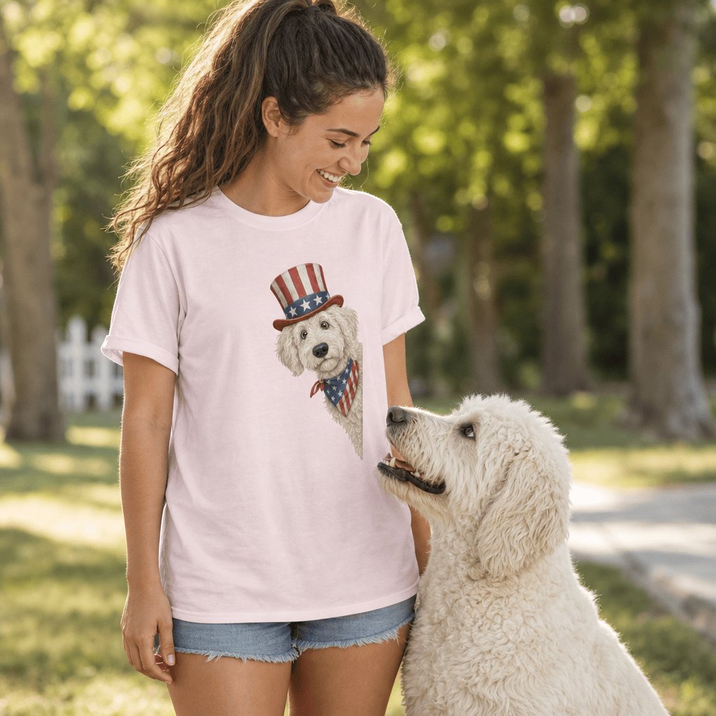 Patriotic Peeking Cream Goldendoodle T-Shirt in by Puppy Jo