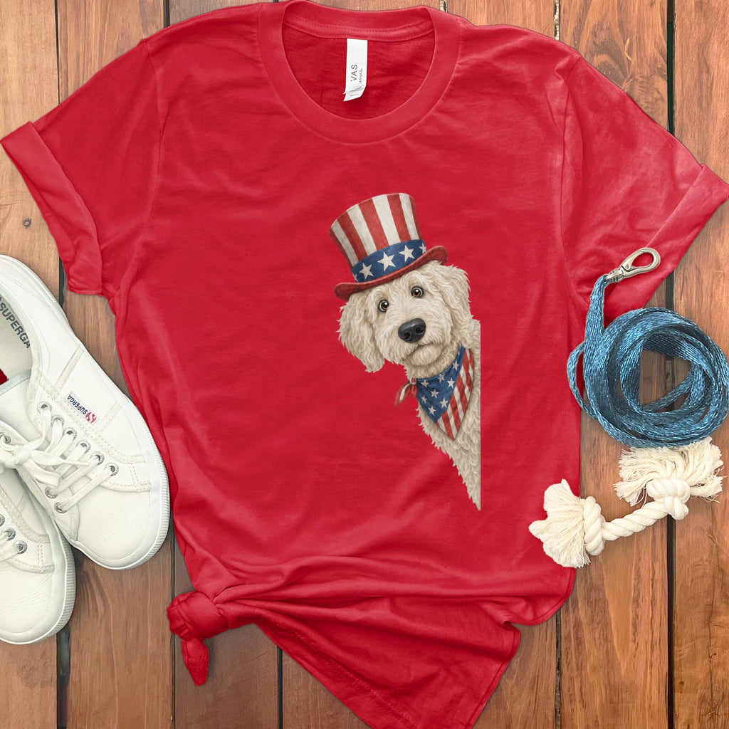 Patriotic Peeking Cream Goldendoodle T-Shirt in Red / S by Puppy Jo