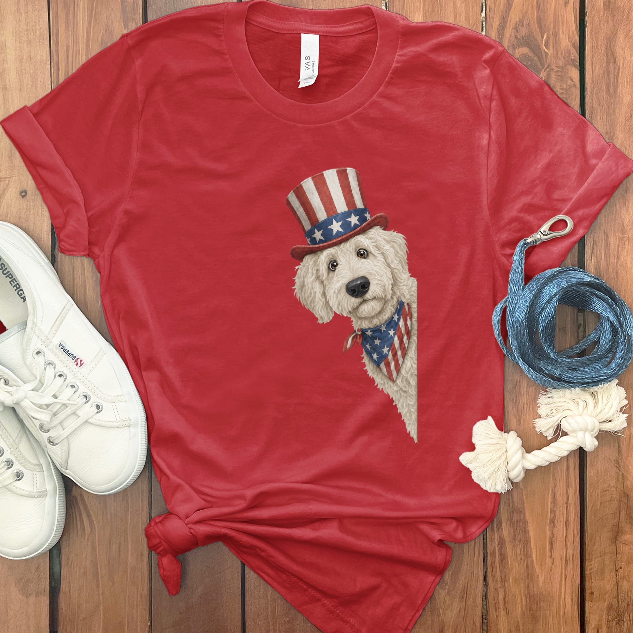 Patriotic Peeking Cream Goldendoodle T-Shirt in Red / S by Puppy Jo